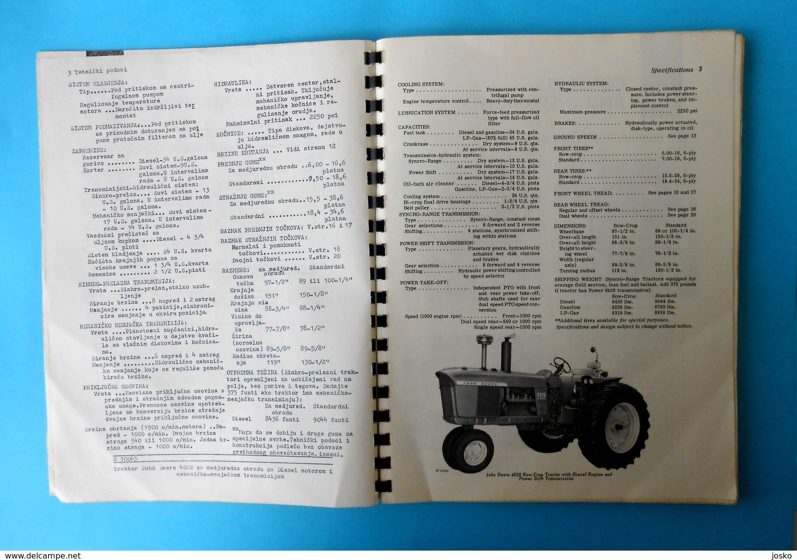 JOHN DEERE 4020 Tractors - Original Vintage Operator's Manual YUGOSLAVIAN - ENGLISH * Tractor Tracteur Traktor Trattore - Trattori