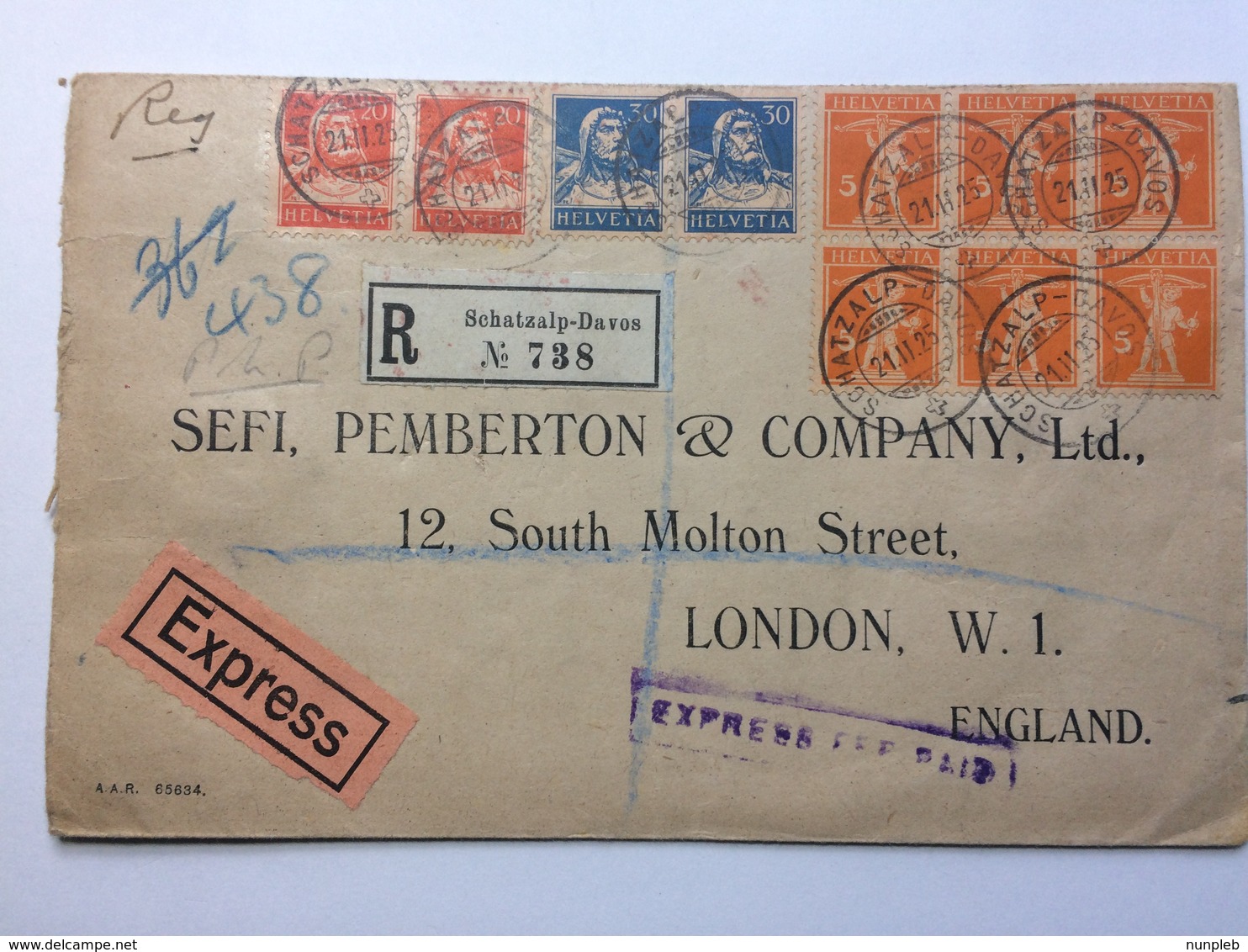 SWITZERLAND - 1925 Registered Express Cover Schatzalp Davos To England Multi-stamped With `Express Fee Paid` Cachet - Covers & Documents