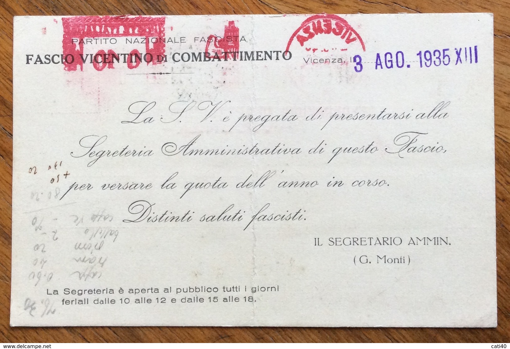 FASCISMO  P.N.F. FASCIO VICENTINO DI COMBATTIMENTO  CARTOLINA CON ANNULLO ROSSO A TARGHETTA 3/8/35 CON FASCI 0,10 - Storia