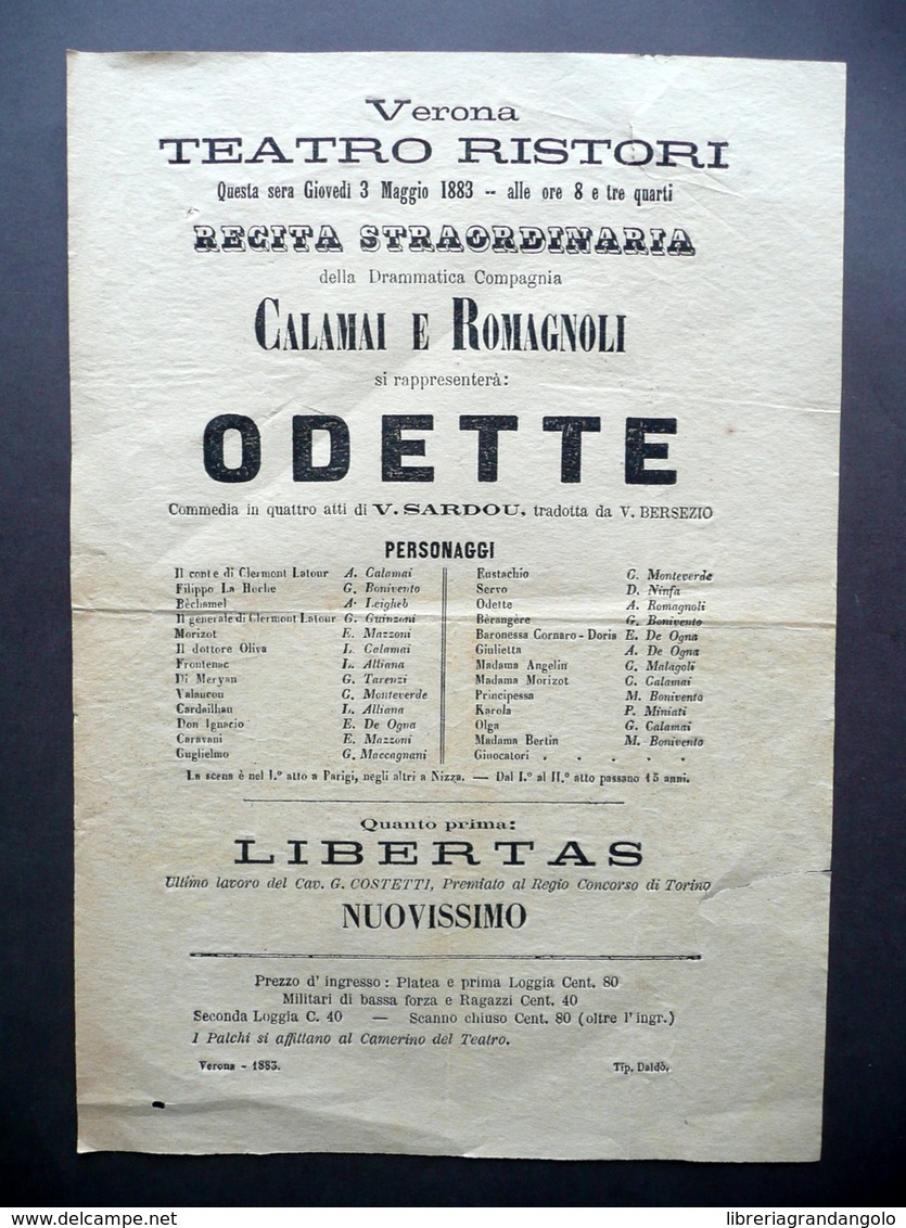 Locandina Teatro Ristori Verona Odette Compagnia Calamari E Romagnoli Daldò 1883 - Non Classificati