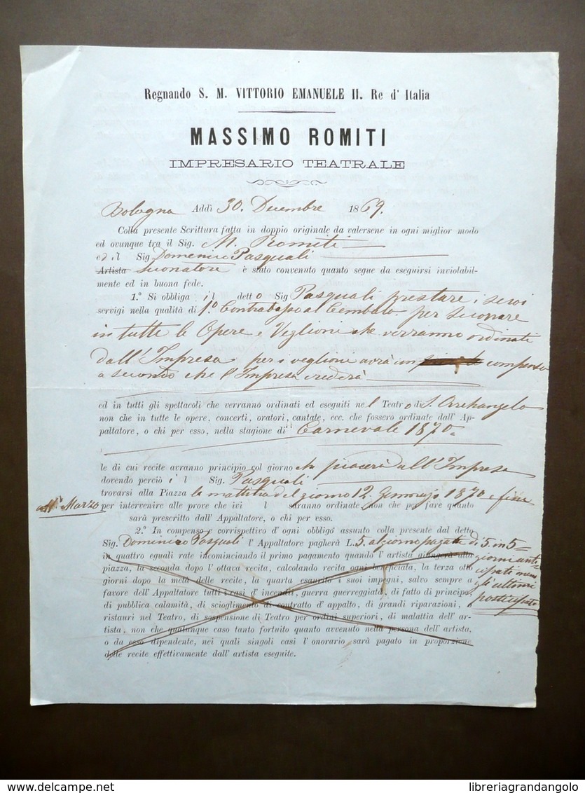 Contratto Impresario Teatrale Massimo Romiti 1° Contrabbasso Cembalo Teatro 1869 - Non Classificati