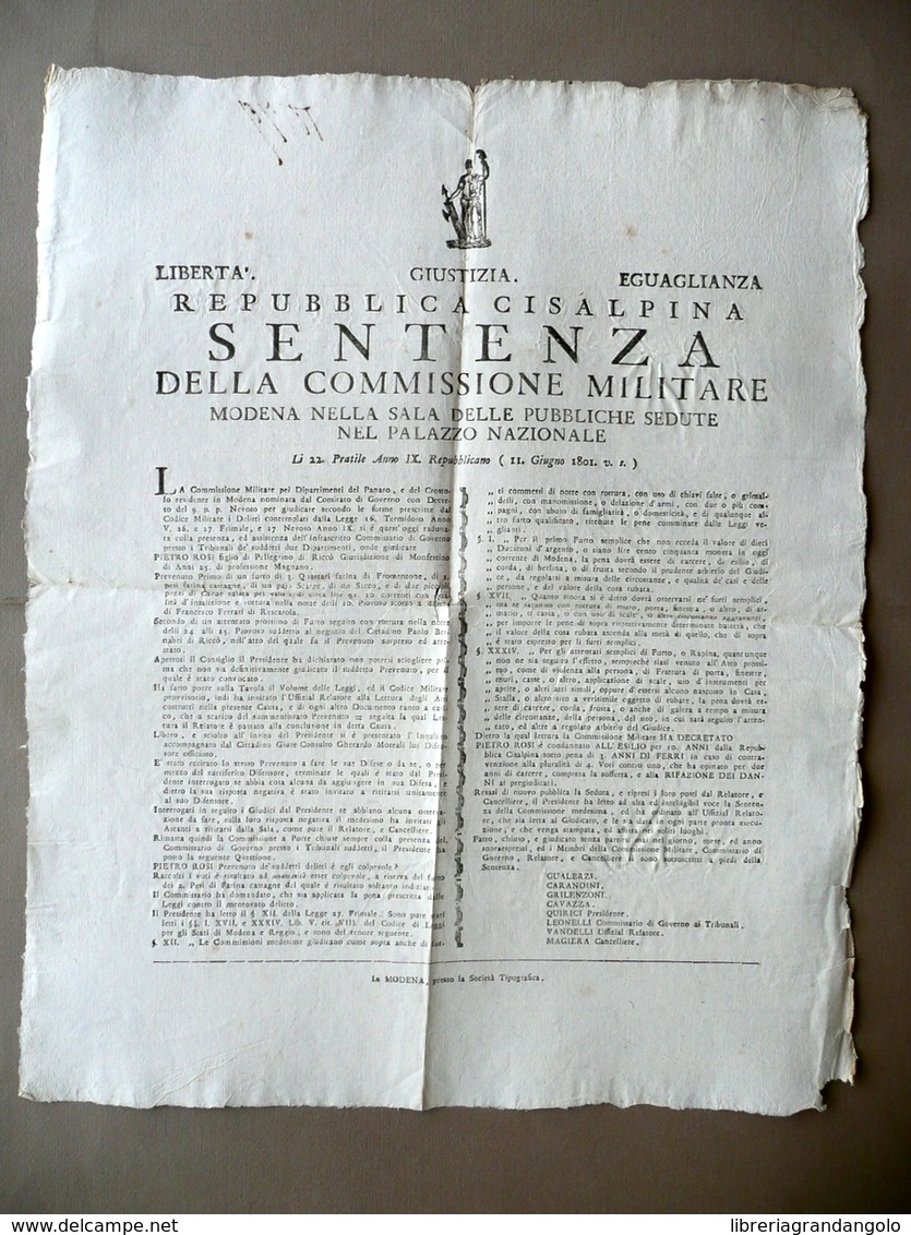 Sentenza Furto Frumentone Farina Castagne Riccò Monfestino Magiera Modena 1801 - Non Classificati