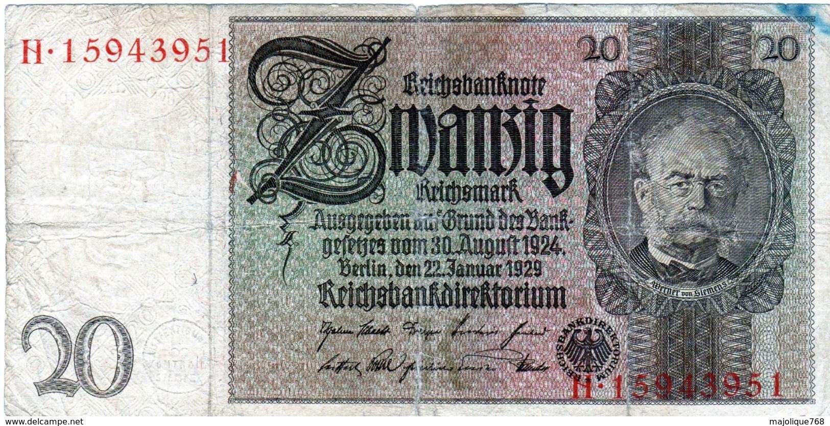 Billet Allemand De 20 Reichsmarks Du 22 Janvier 1929 - - 20 Reichsmark