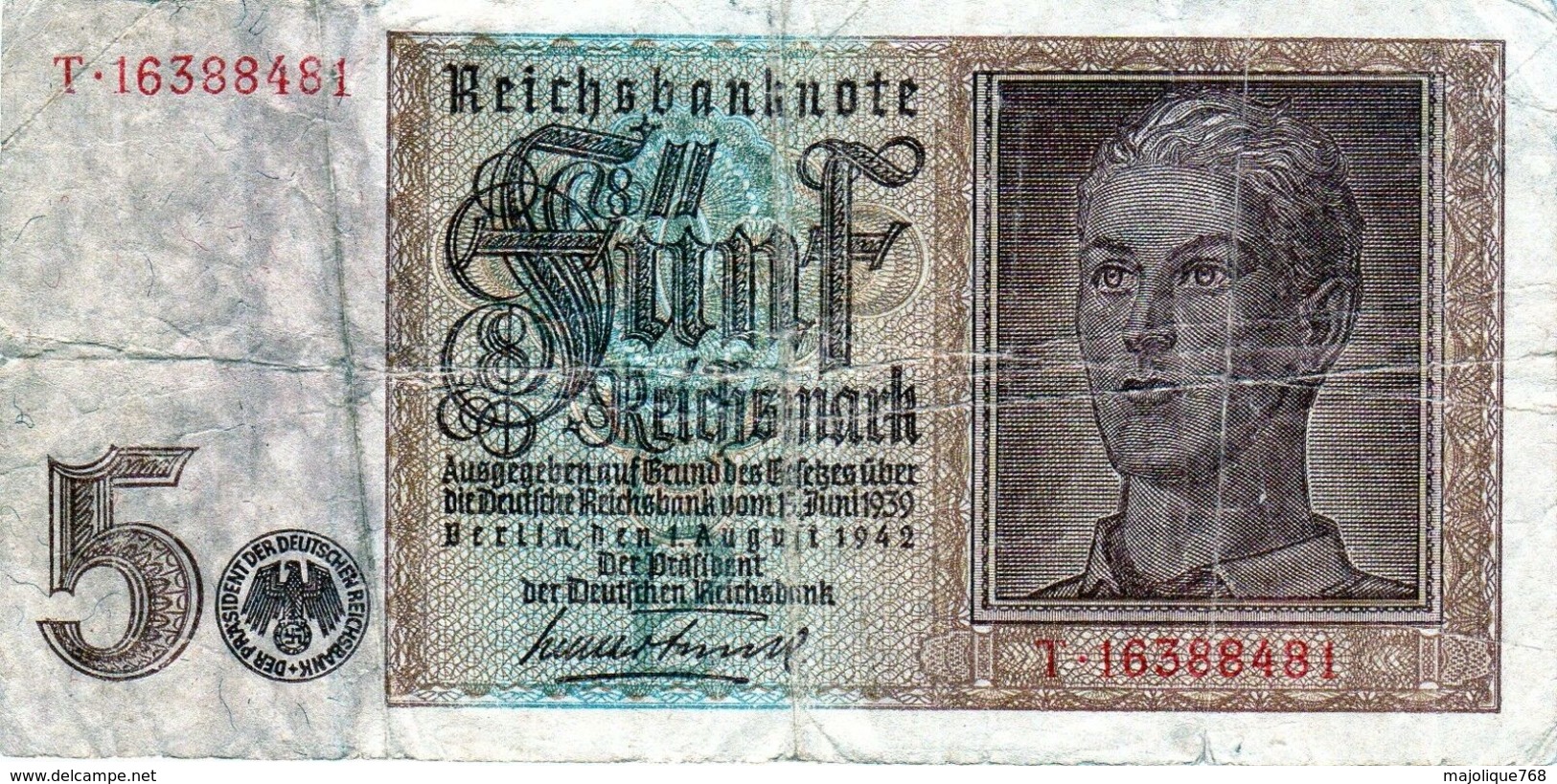 Billet Allemand De 5 Reichsmarks Du 1 Août 1942 - - 5 Reichsmark