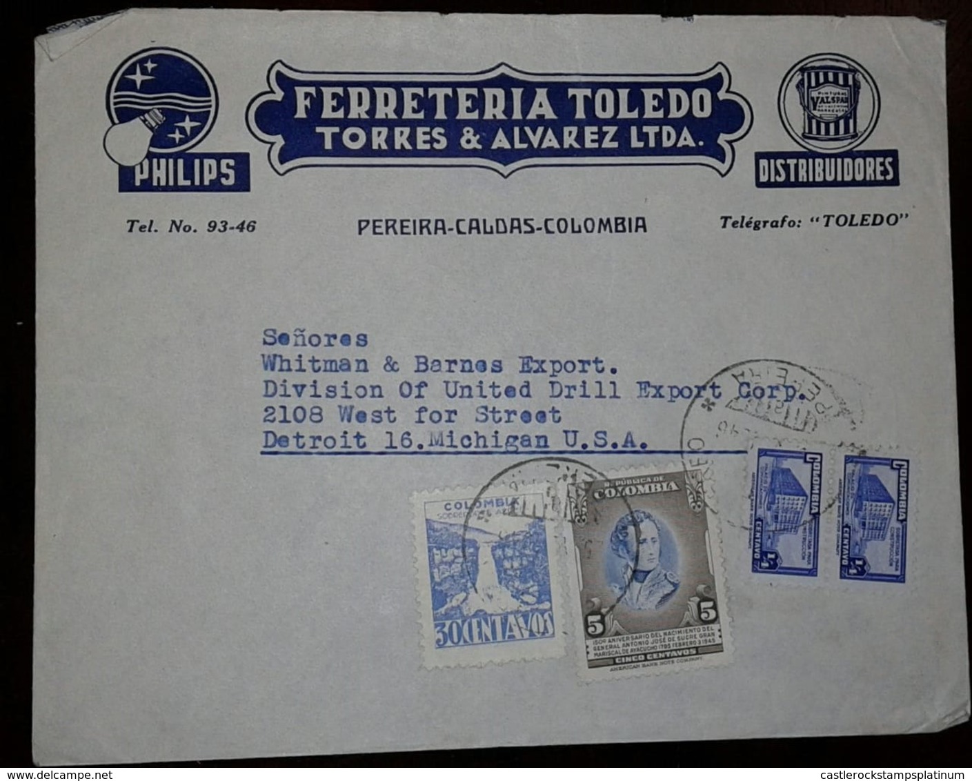 O) 1946 CIRCA-COLOMBIA, G. ANTONIO JOSE DE SUCRE SCT 530 5c, TEQUENDAMA FALLS-SOBREPORTE AEREO 30c, PALACIO DE COMUNICAC - Colombia