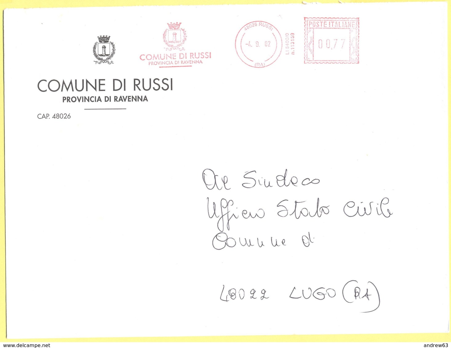 ITALIA - ITALY - ITALIE - 2002 - 00,77 EMA, Red Cancel - Comune Di Russi - Viaggiata Da Russi Per Lugo - Macchine Per Obliterare (EMA)