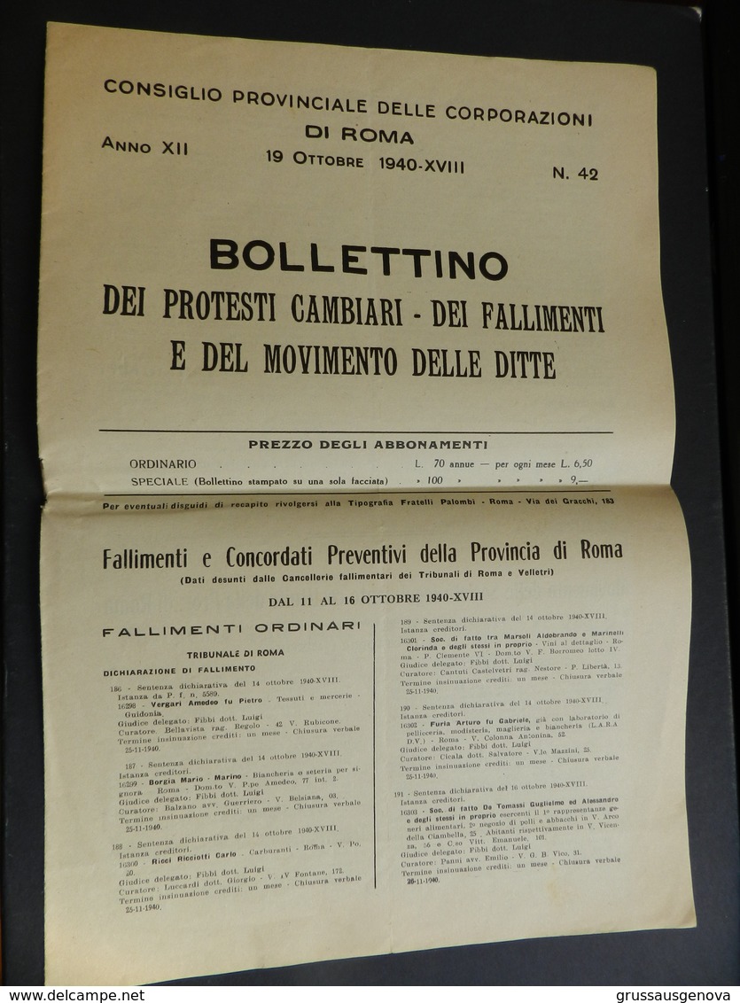 3.1) CONSIGLIO PROVINCIALE CORPORAZIONI ROMA BOLLETTINO PROTESTI FALLIMENTI MOVIMENTO DITTE 1940 - Decretos & Leyes