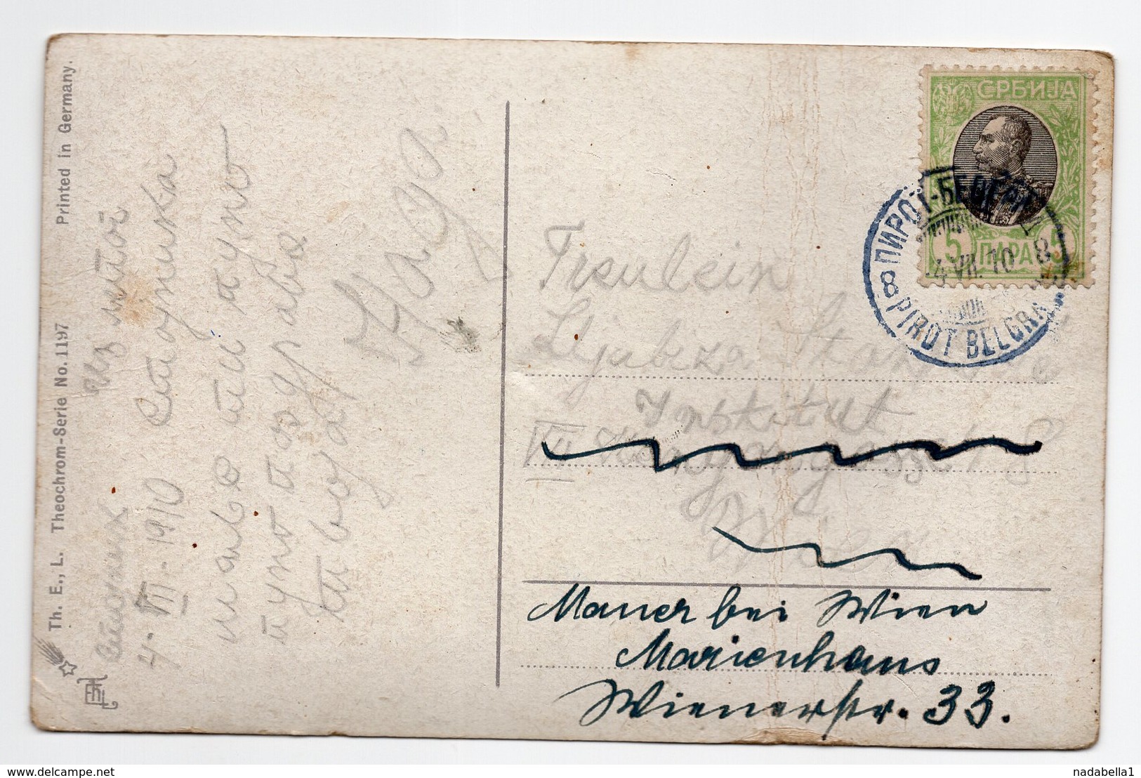 1910, SERBIA,TPO NO 8  PIROT- BELGRADE, PRINTED IN GERMANY, THEOCHROM - SERIE NO 1197, - Serbia