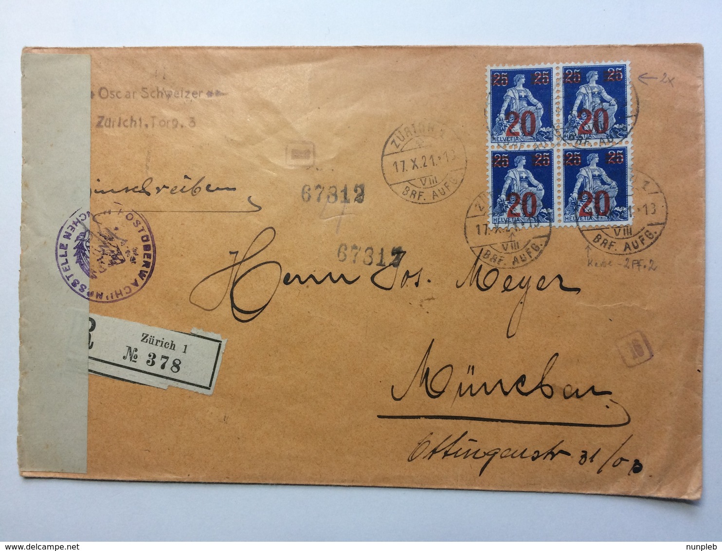 SWITZERLAND - 1921 Cover Registered Zurich To Munich With Censor Tape = Censor Cachets And Toblerone Vignette + 2 Scans - Briefe U. Dokumente