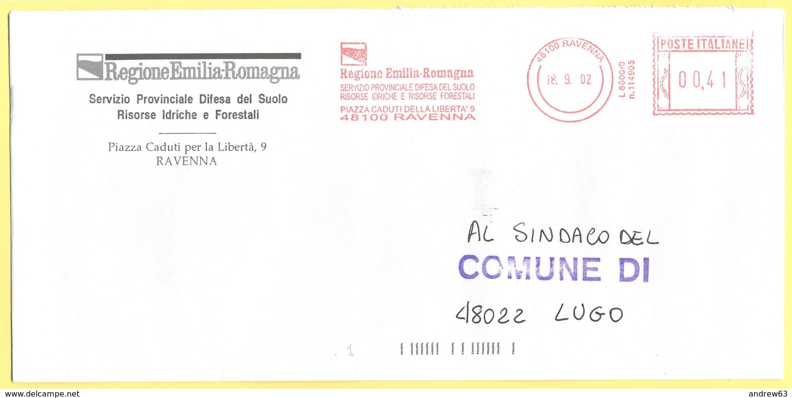 ITALIA - ITALY - ITALIE - 2002 - 00,41 EMA, Red Cancel - Regione Emilia Romagna - Viaggiata Da Ravenna Per Lugo - Macchine Per Obliterare (EMA)