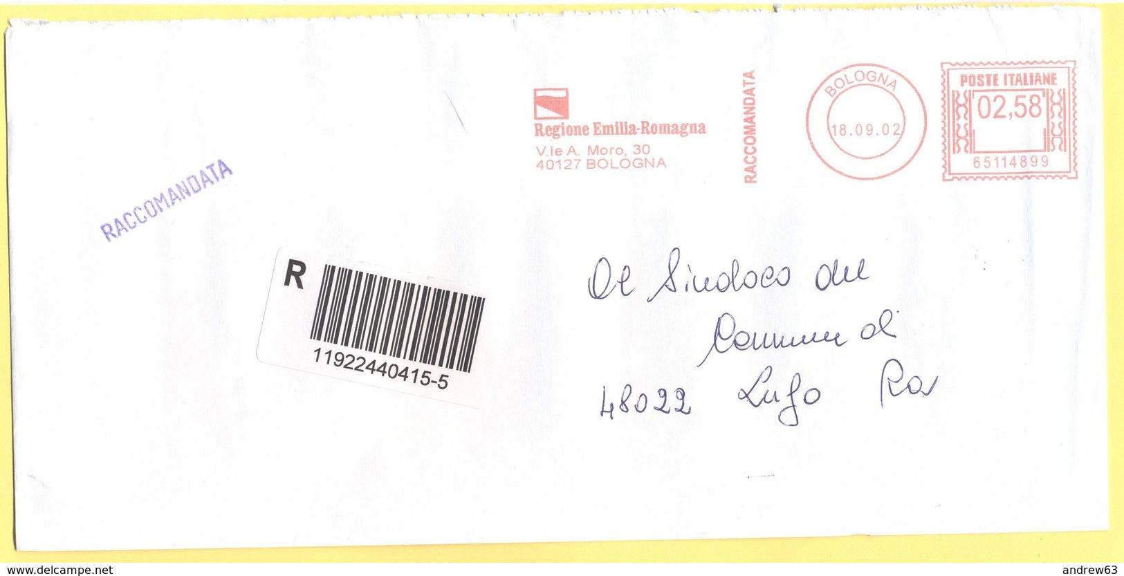 ITALIA - ITALY - ITALIE - 2002 - 02,58 EMA, Red Cancel - Regione Emilia-Romagna - Viaggiata Da Bologna Per Lugo - Macchine Per Obliterare (EMA)