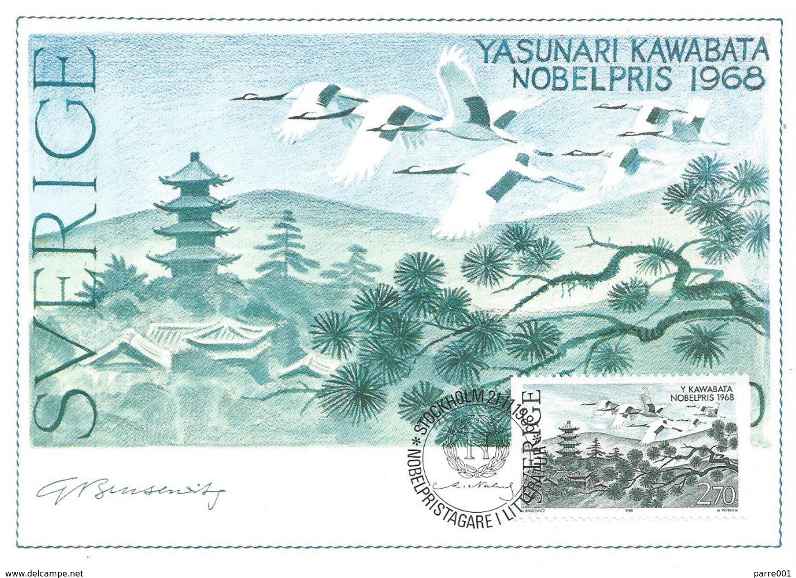 Sweden 1985 Stockholm Nobel Prize Literature Yasunari Kawabata Japan Crane Maximumcard - Nobelprijs