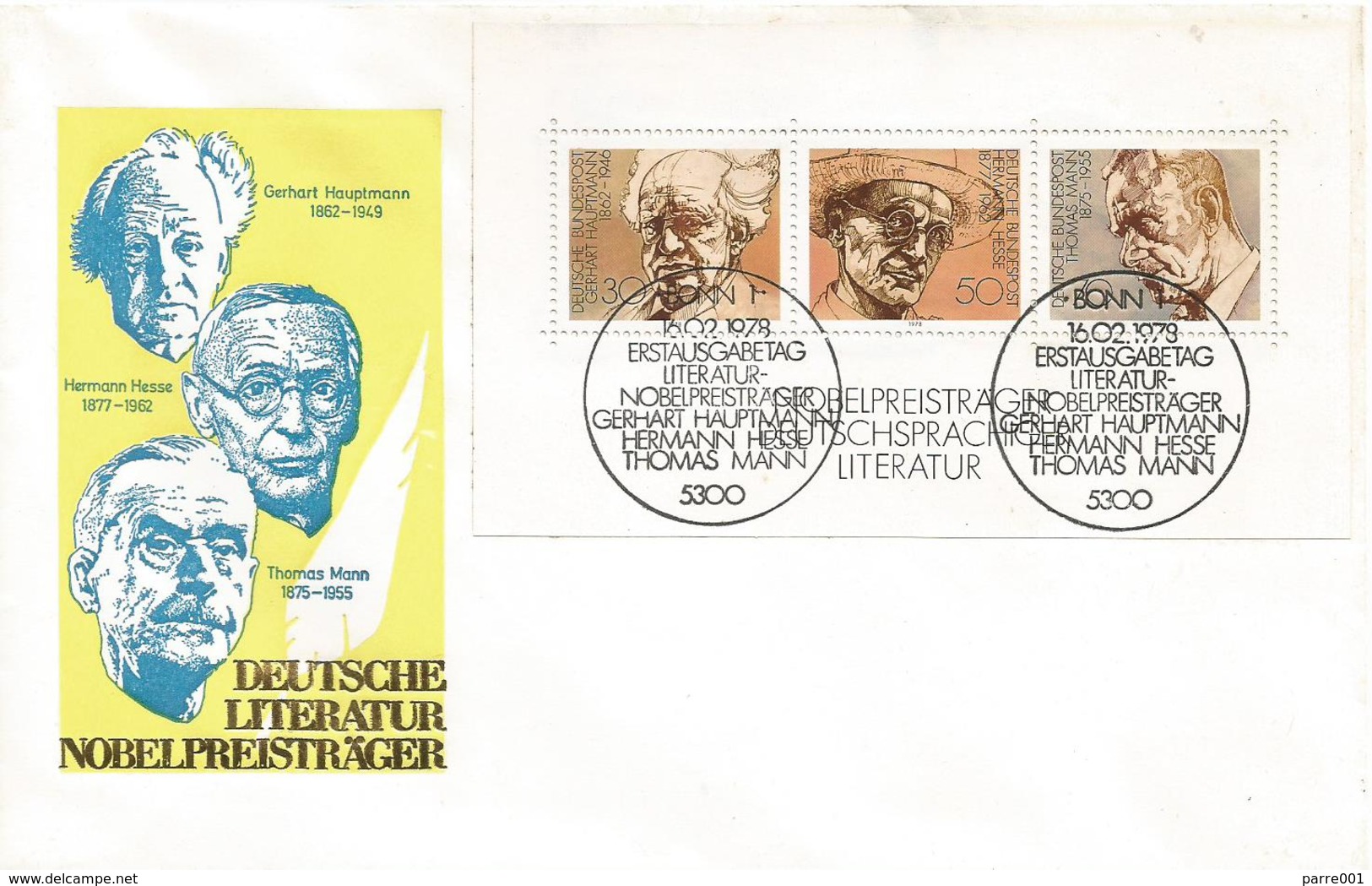 Germany 1978 Bonn Nobel Prize Literature Thomas Mann Hermann Hesse Gerhart Hauptmann FDC Cover - Nobelprijs