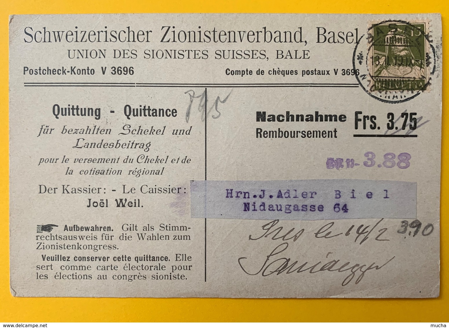 8636  - Schweizerischer Zionistenverband Basel Union Des Sionistes Suisses Chekel Et Cotisation Régionale 1919 - Bazel