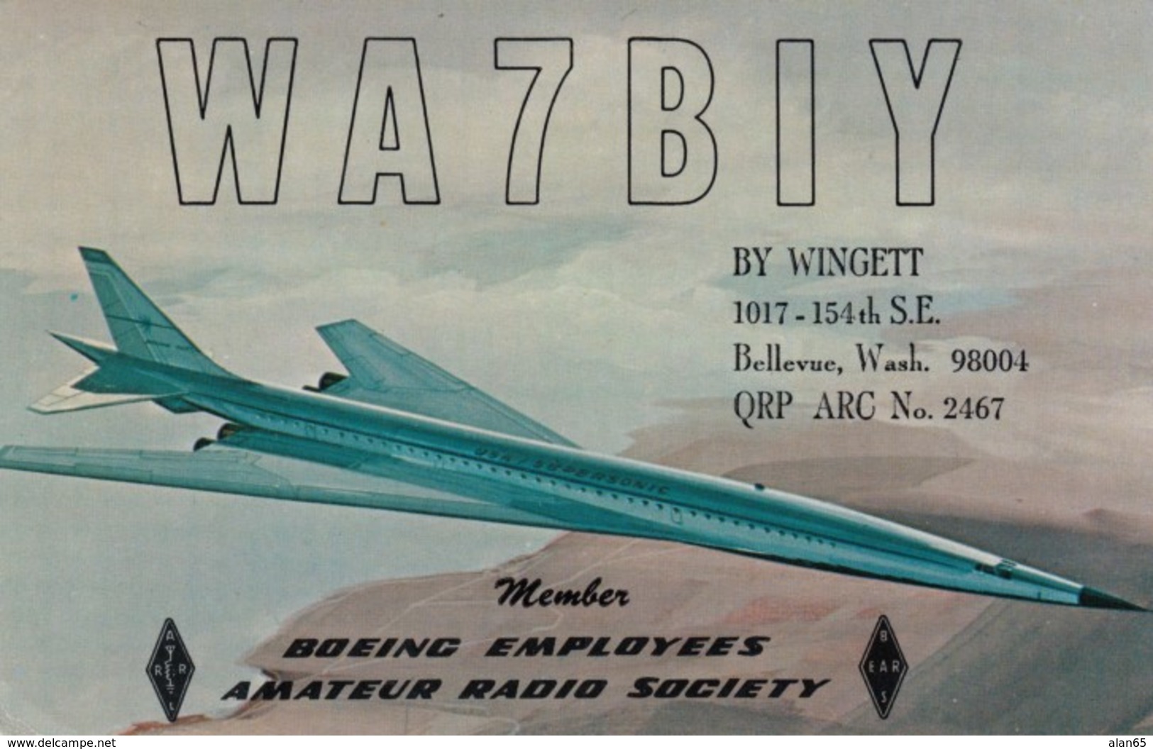 Boeing Emplyoees Amateur Radio Society, Jet Plane, Bellevue WA Radio Operator,VoA Radio Stamp C1960s Vintage Postcard - Radio Amateur