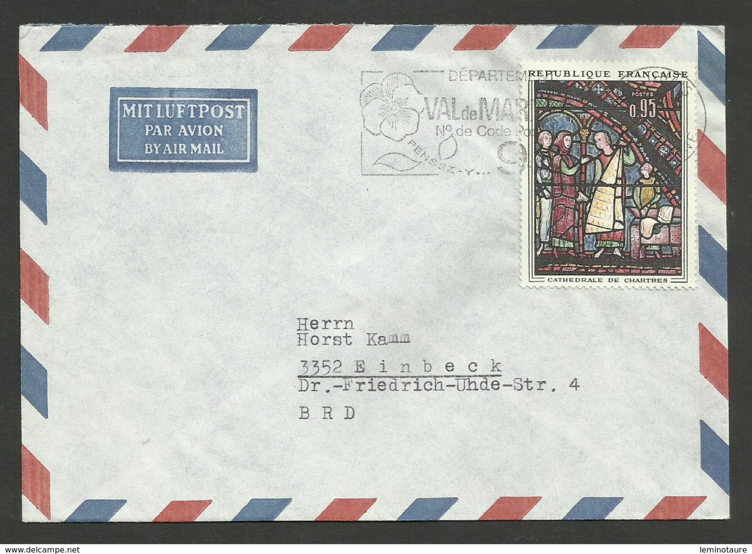 N° 1399 - 0.95 Vitrail Cathédrale Chartres / Lettre Avion >>> ALLEMAGNE - 1961-....