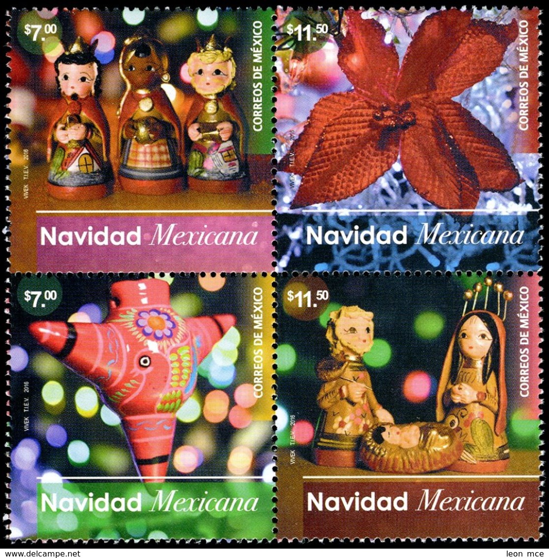 2016 MÉXICO NAVIDAD,PIÑATA  MEXICAN CHRISTMAS, NOCHE  BUENA FLOWER, PINATA, Block OF 4, MNH Sc 3036 - México