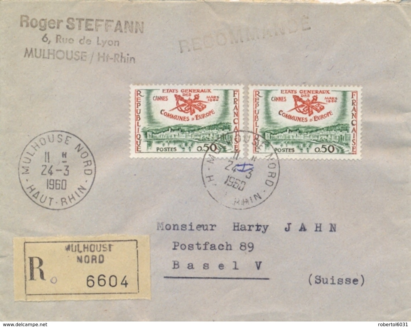 France 1960 Registered Cover To Switzerland With 2 X 0,50 Fr. Meeting Of European Mayors - Ideas Europeas