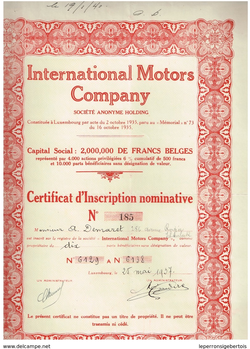 Titre Ancien - International Motors Company -  Société Anonyme - Titre De 1937 - Automobile