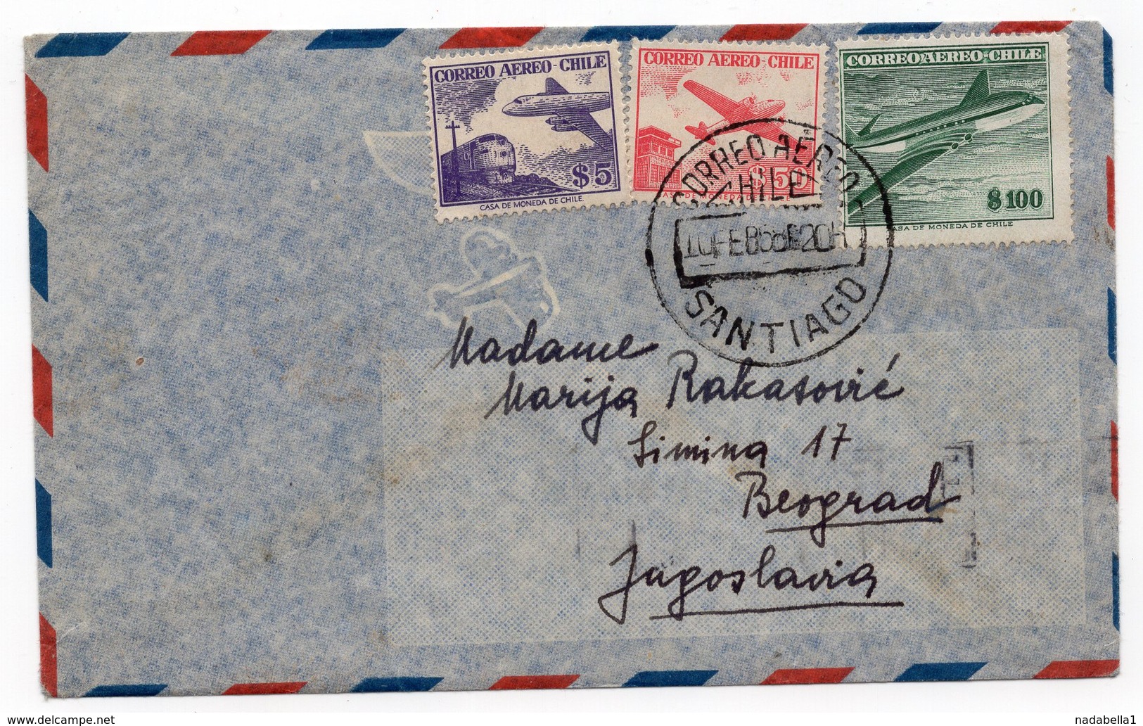 1958 CHILE, SANTIAGO TO BELGRADE, AIR MAIL COVER - Chile