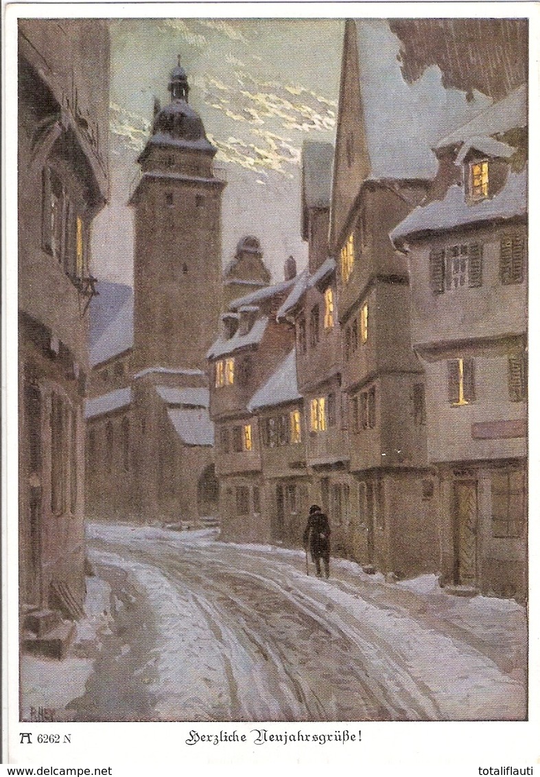 Paul Hey Reihe 635 Nr 6262 Winternacht Im Städtchen Herzliche Neujahrsgrüße Color TOP-Erhaltung Ackermanns Kunstverlag - Hey, Paul