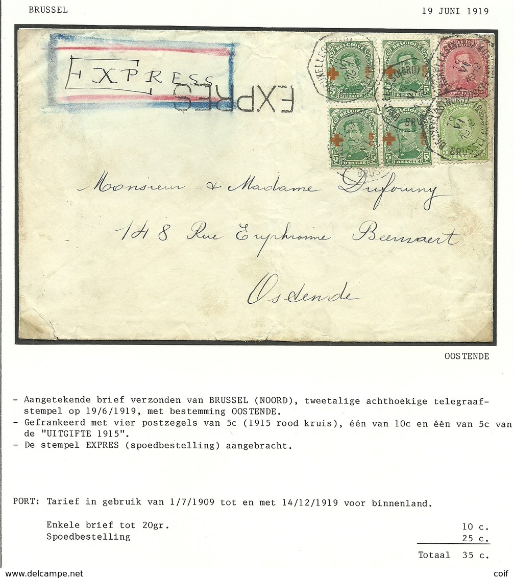 137+138+152 Op Brief Per EXPRES Met Telegraafstempel BRUXELLES (NORD) - 1918 Croix-Rouge