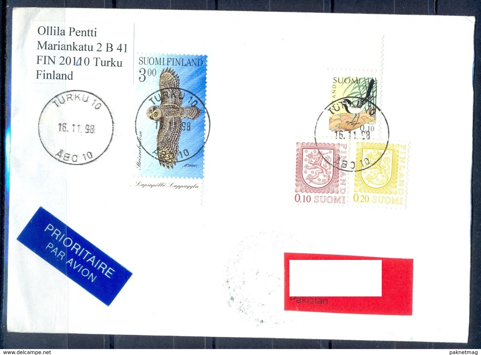 K819- Postal Used Cover. Posted  From Suomi Finland To Pakistan. Bird. - Other & Unclassified