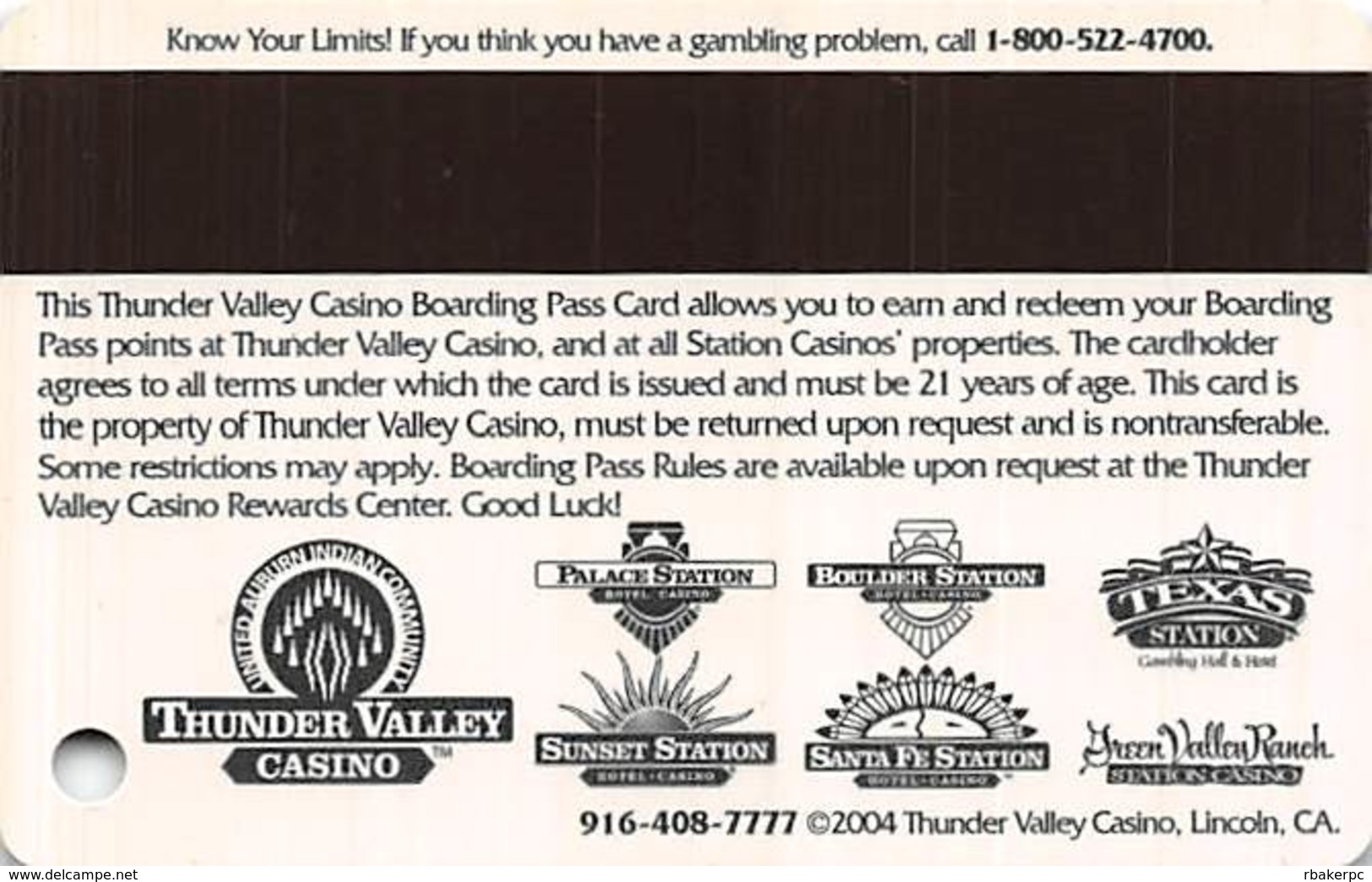 Thunder Valley Casino Lincoln CA - BLANK 1st Year Anniversary President Boarding Pass Slot Card - Casino Cards