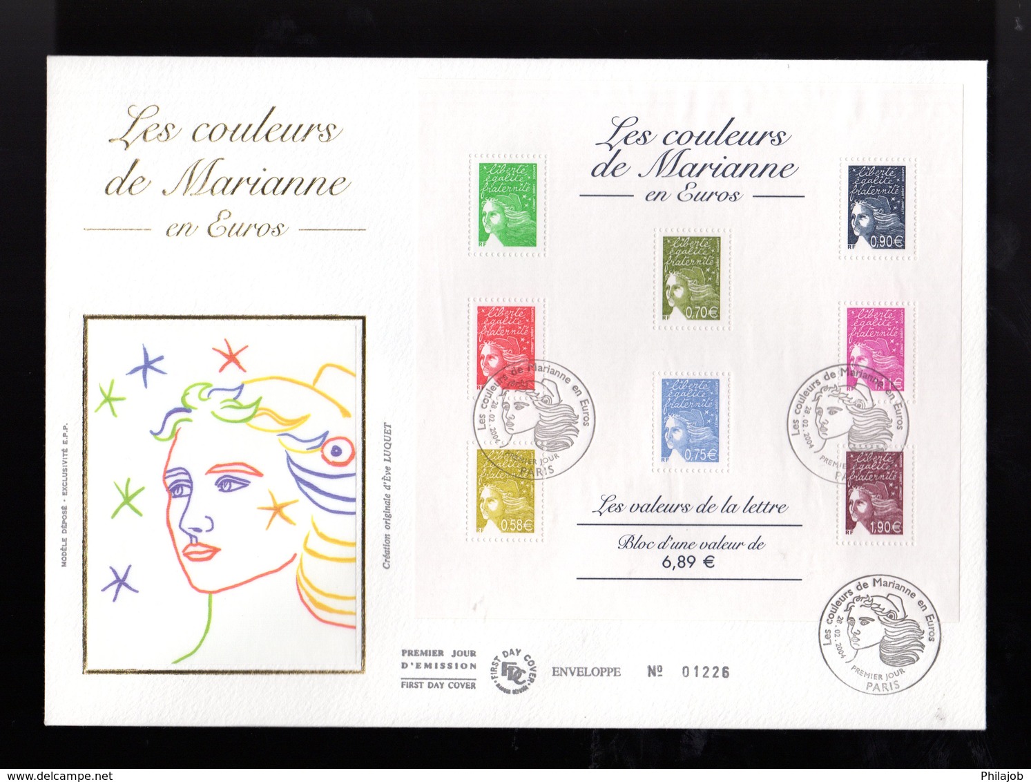 (Faciale 6.89 €) " LES COULEURS DE MARIANNE EN EUROS " Sur Enveloppe 1° Jour Grand Format En Soie De 2004. . N° YT BF 67 - 1997-2004 Marianne Of July 14th