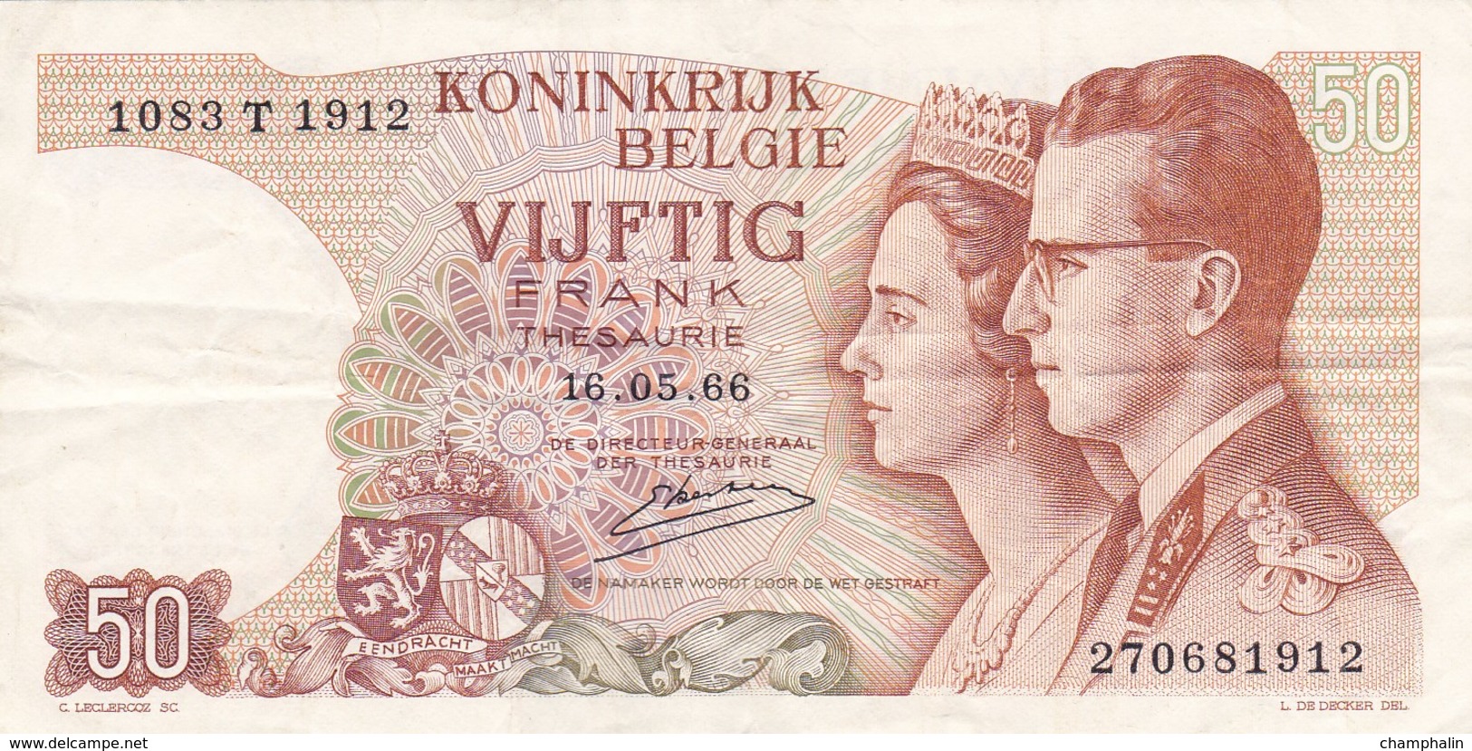 Belgique - Billet De 50 Francs - Baudoin Ier & Fabiola - 16 Mai 1966 - Autres & Non Classés