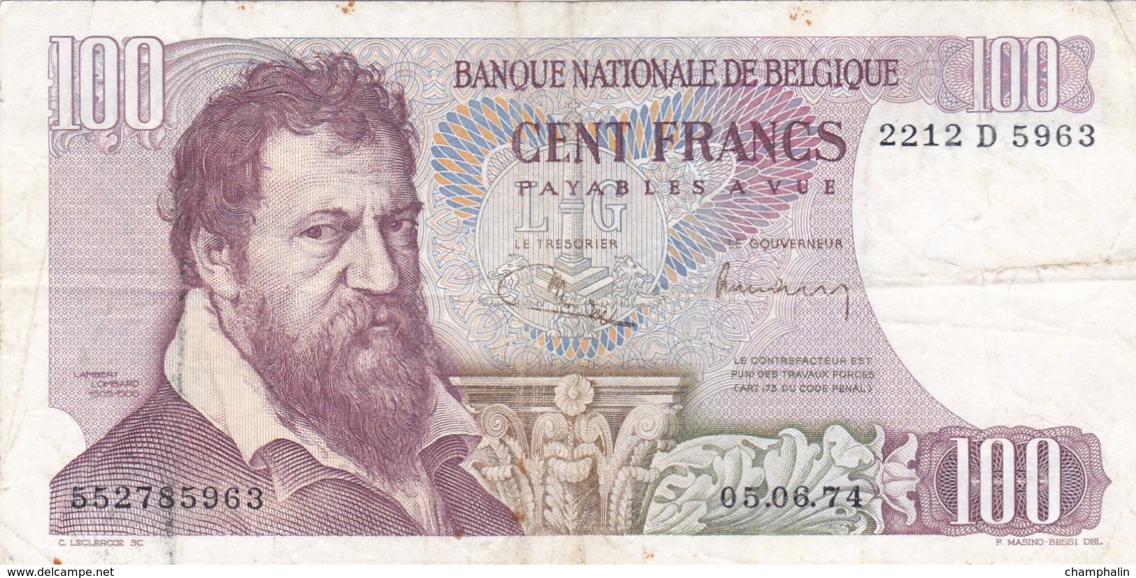Belgique - Billet De 100 Francs - Lambert Lombard - 5 Juin 1974 - 100 Francs
