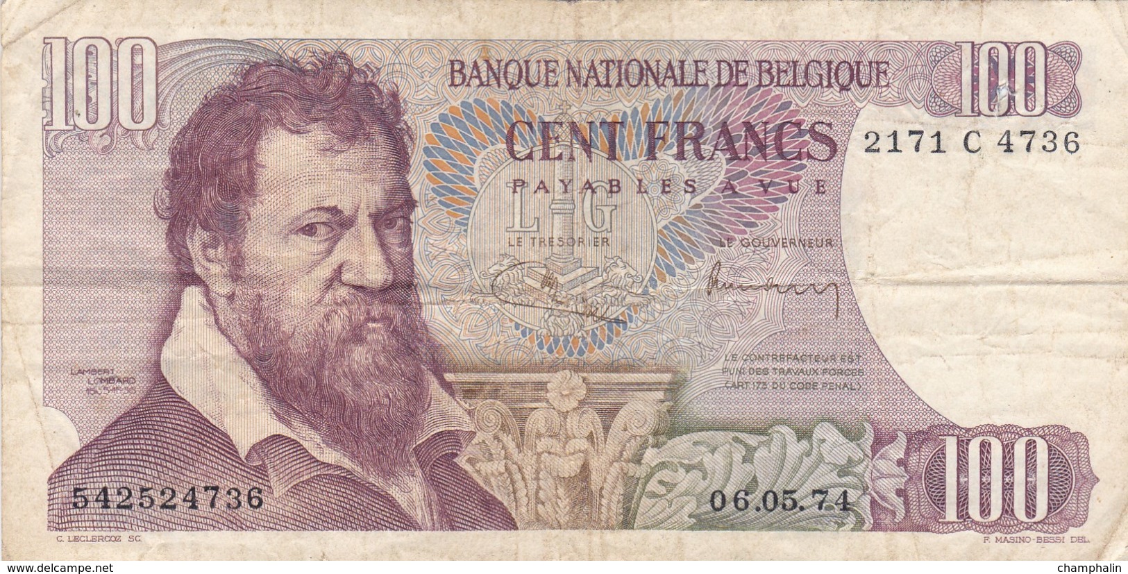 Belgique - Billet De 100 Francs - Lambert Lombard - 6 Mai 1974 - 100 Francs