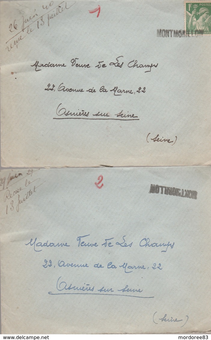 GRIFFE LINEAIRE MONTMORILLON SUR 2 LETTRES 1929+1940 POUR ASNIERES SUR SEINE - Cachets Manuels