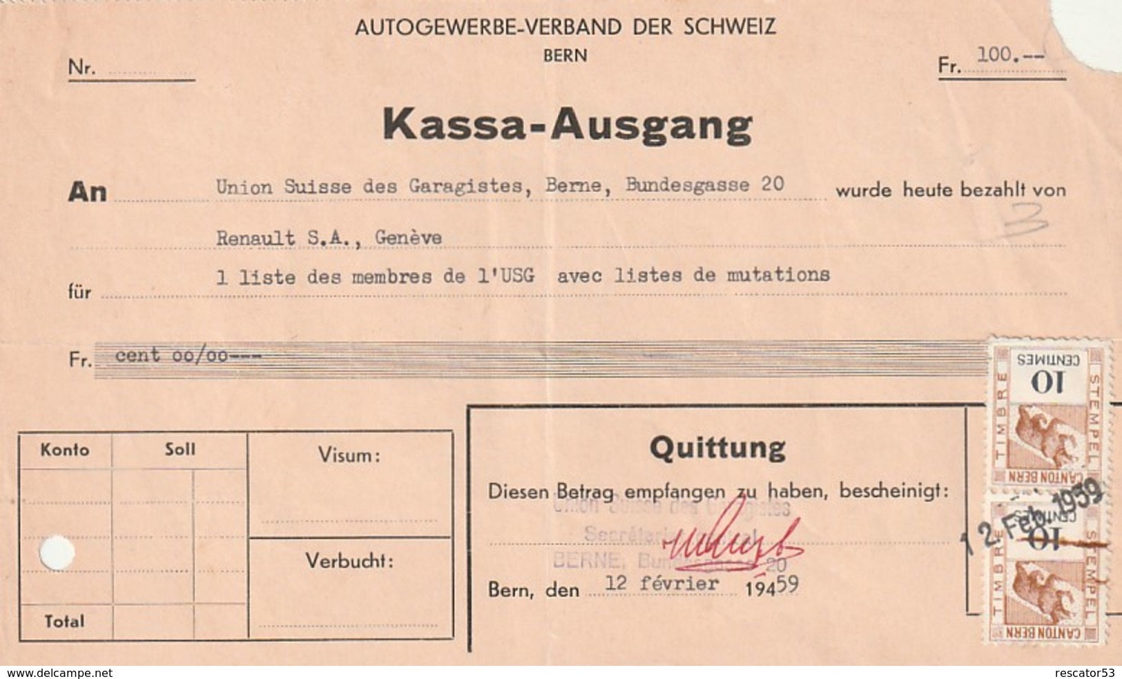 Rare Document Règlement Union Suisse Des Garagistes Avec Timbres Fiscaux 1959 - Suisse