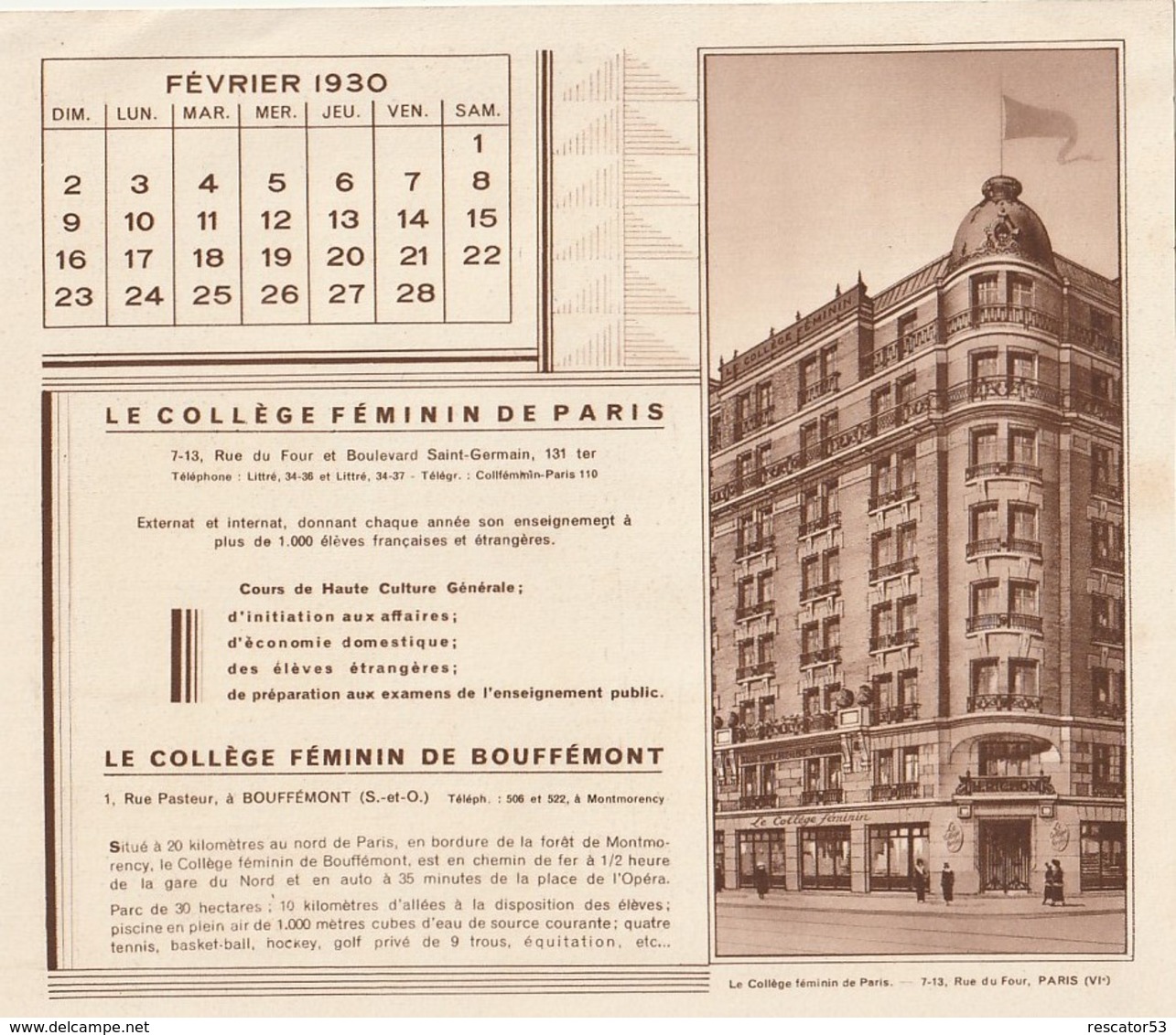 Rare Calendrier Collège Féminin De Bouffémont Janvier 1930 Et Février - Autres & Non Classés