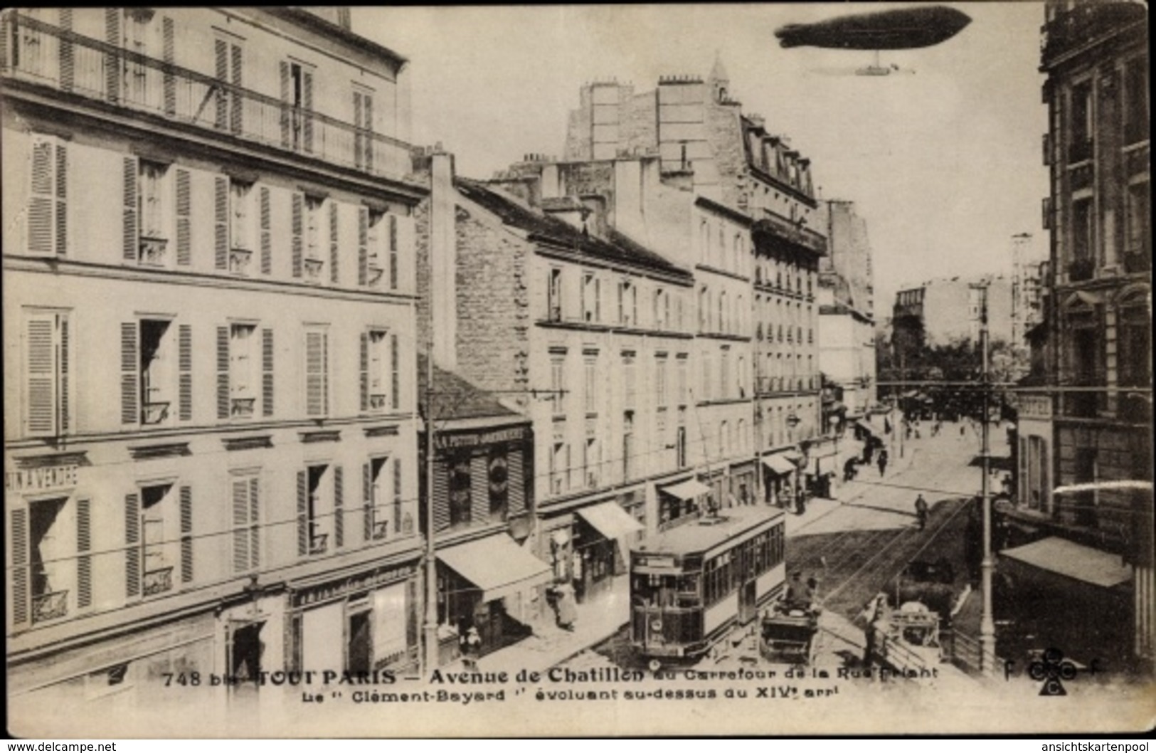 Cp Paris XIV., Avenue De Chatillon, Dirigeable, Zeppelin Clement Bayard, Straßenbahn - Autres & Non Classés