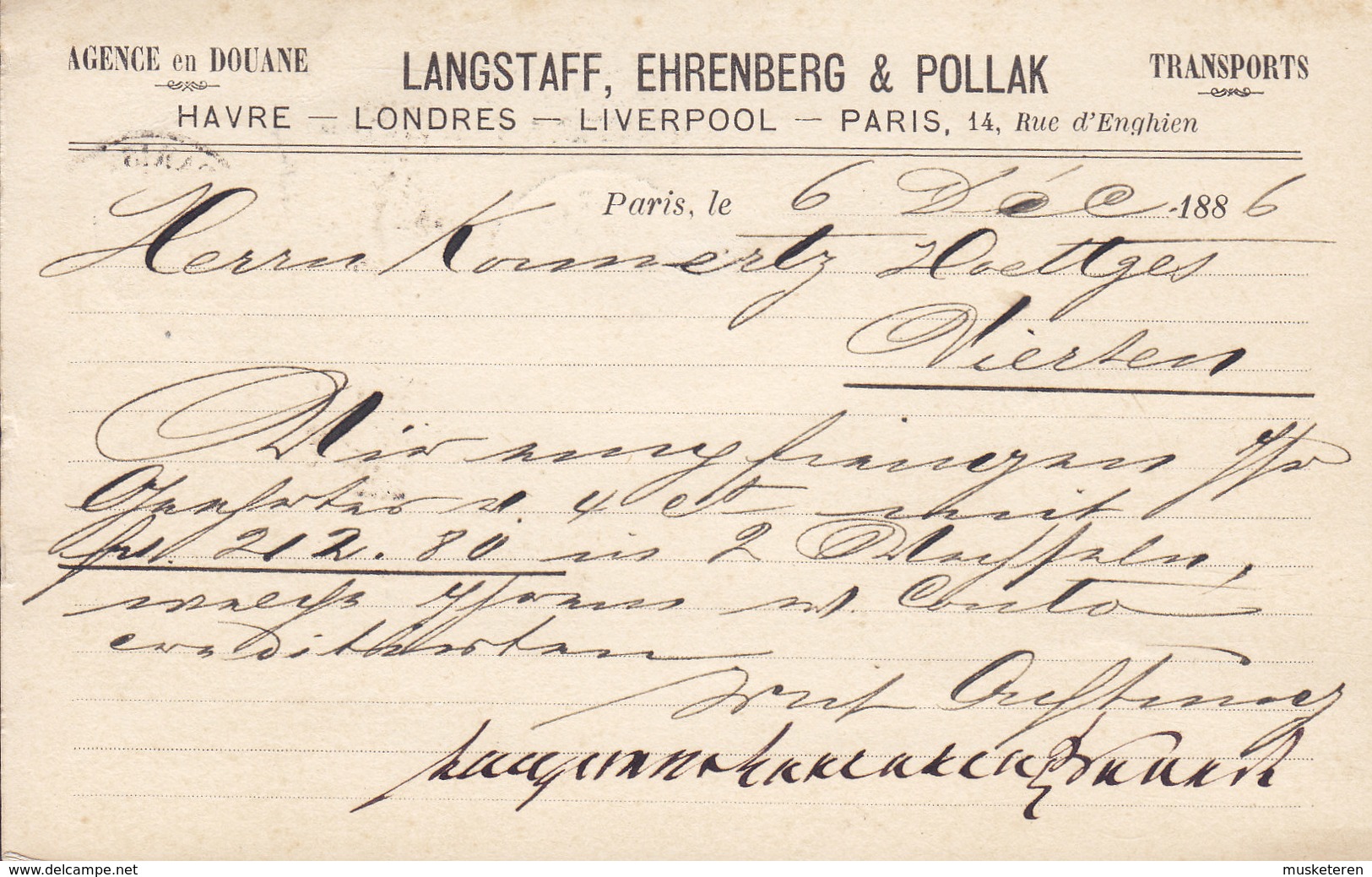 France Postal Stationery Ganzsache Entier Sage PRIVATE Print LANGSTAFF, EHRENBERG & POLLAK Agence En Douane PARIS 1886 - Pseudo-entiers Privés