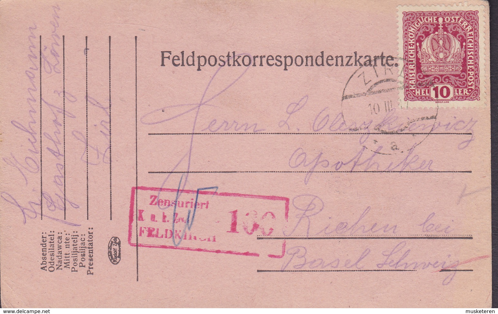 Austria Feldpostkorrespondenzkarte ZIRL 1917 RIEHEN B. BASEL Schweiz Zensuriert K.u.K. FELDKIRCH Censor (2 Scans) - Briefe U. Dokumente