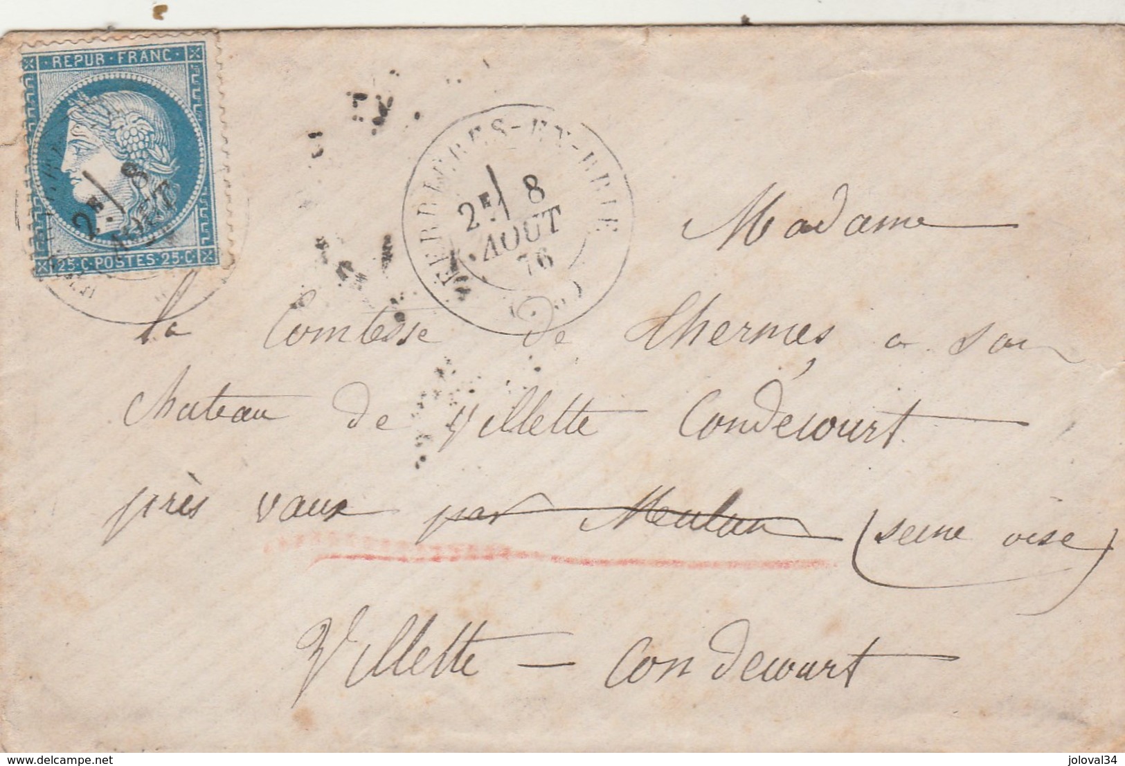 Yvert 60C Lettre FERRIERES En Brie Seine Et Marne Cachet à Date 8/8/1876 à Comtesse De Thermes Villette Condecourt - 1849-1876: Période Classique