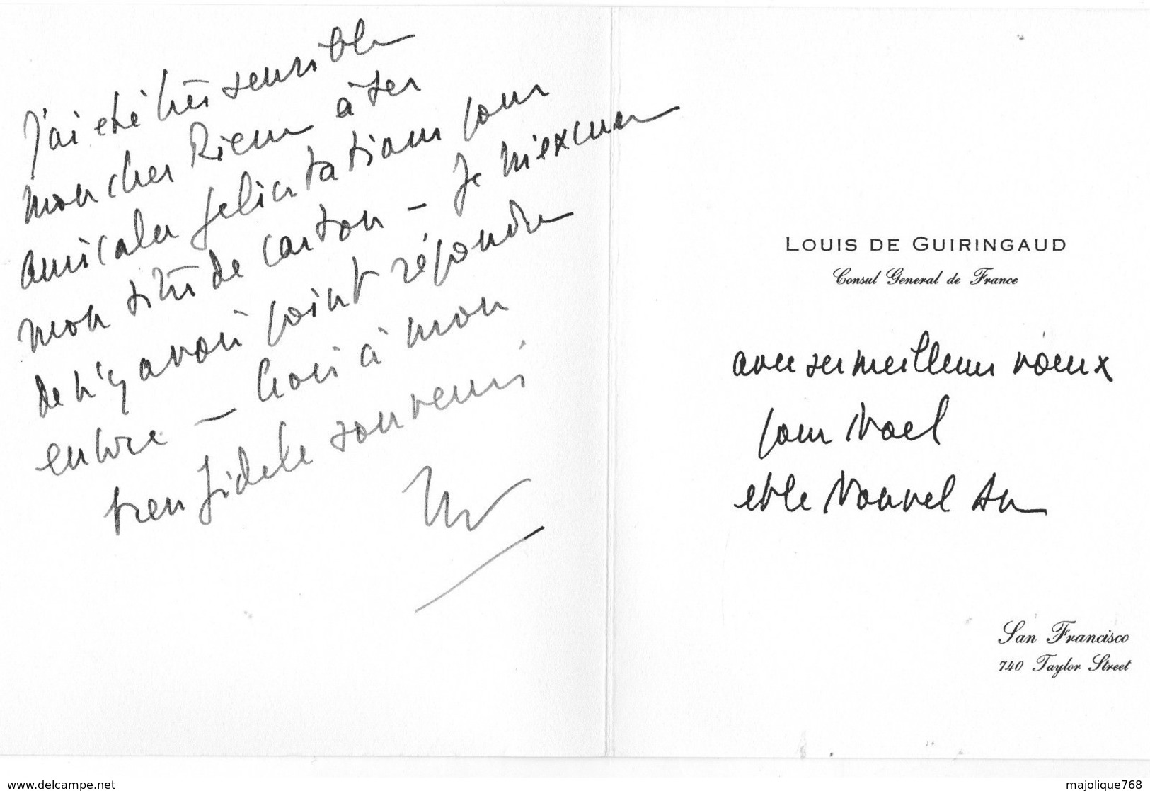 Carton Envoyé Pour Les Fêtes De Fin D'années  Par Le Consul Général De France Louis De Guiringaud De San-Francisco De 19 - Other & Unclassified