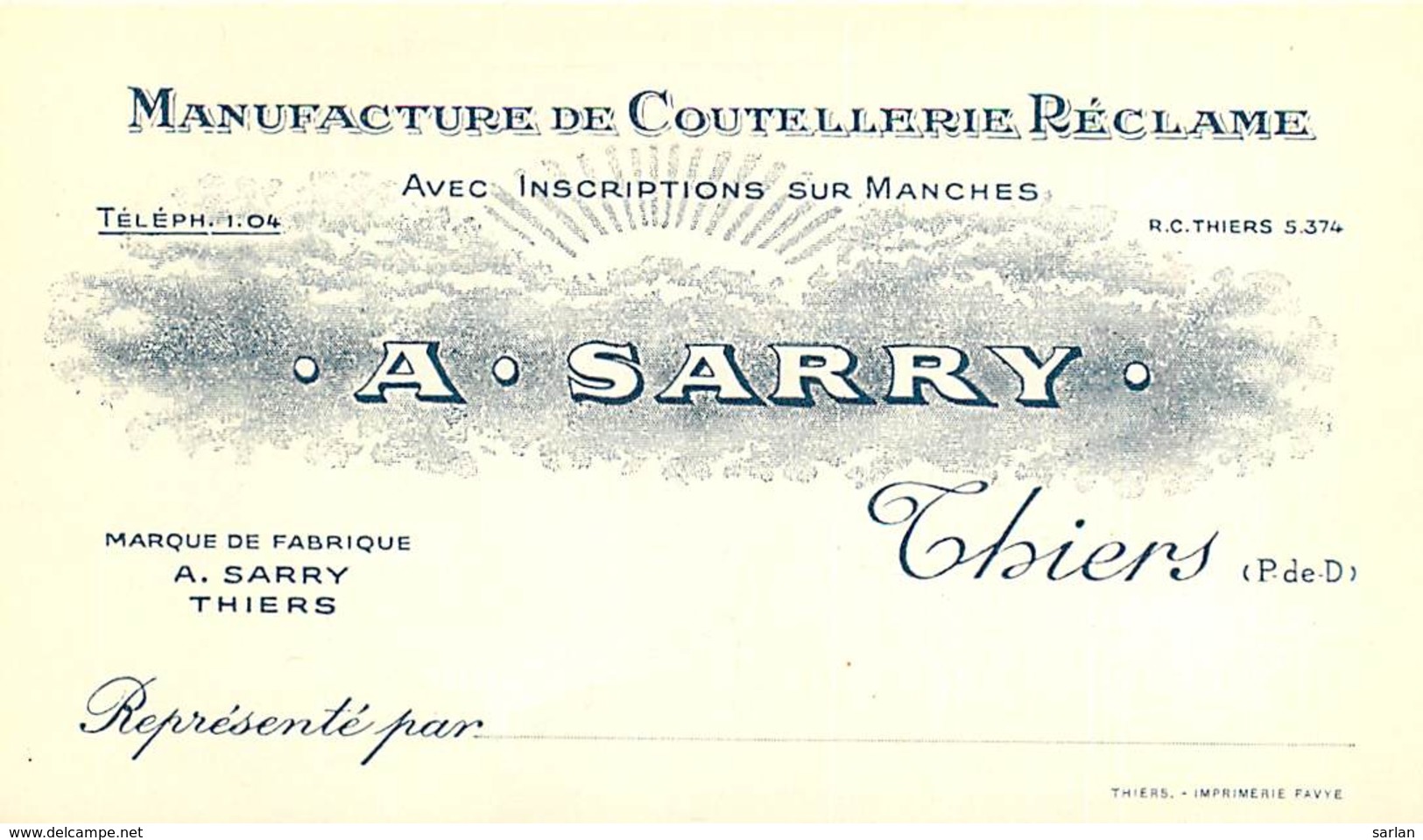 63 , THIERS , Coutellerie-Réclame A . Sarry , Models De Couteaux Au Dos , * 427 07 - Thiers