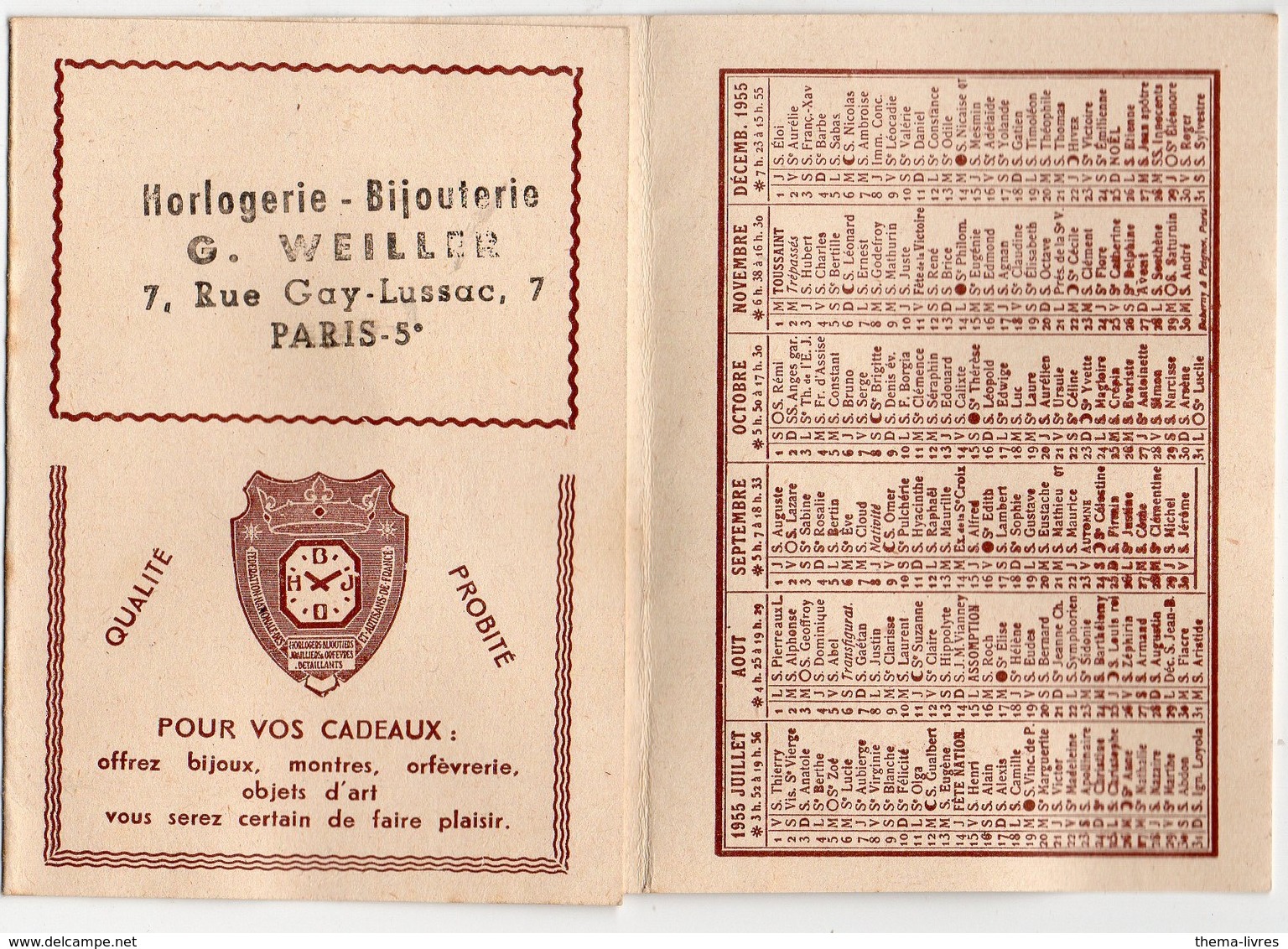 Paris 5e: Rue Gay Lussac: Calendrier 1955 HORLOGERIE BIJOUTERIE WEILLER (PPP18240) - Klein Formaat: 1941-60