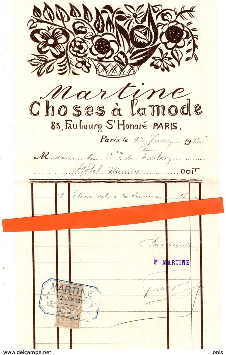 Art Nouveau : Facture MARTINE , Choses à La Mode ,1912 ;83 Fg St Honoré , Pour,Comtesse De Forton ;rare Et Superbe - 1900 – 1949