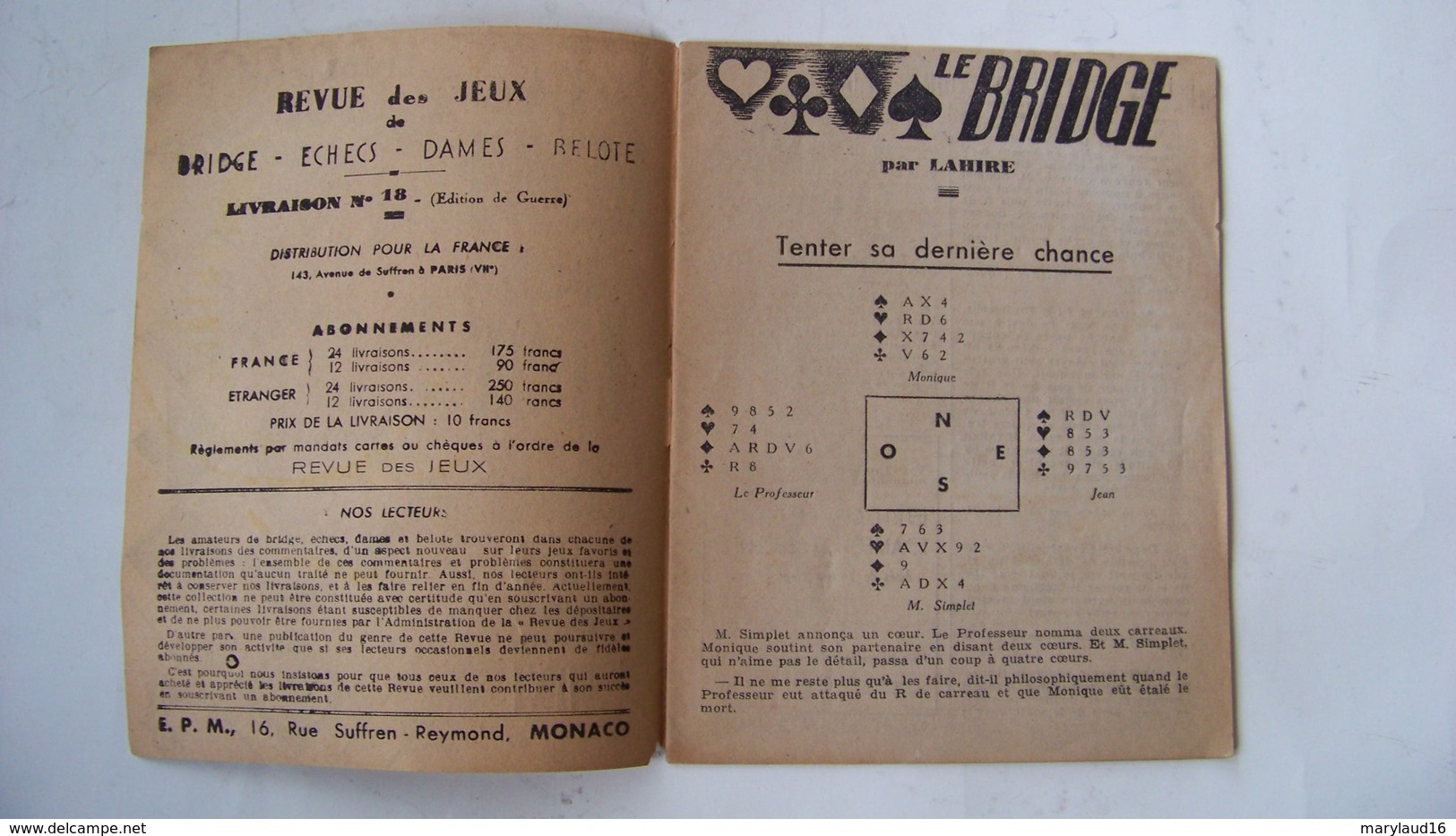 La Revue Des Jeux De Bridge, Echecs, Dames, Belote - Livraison N°18 (édition De Guerre) - Giochi Di Società