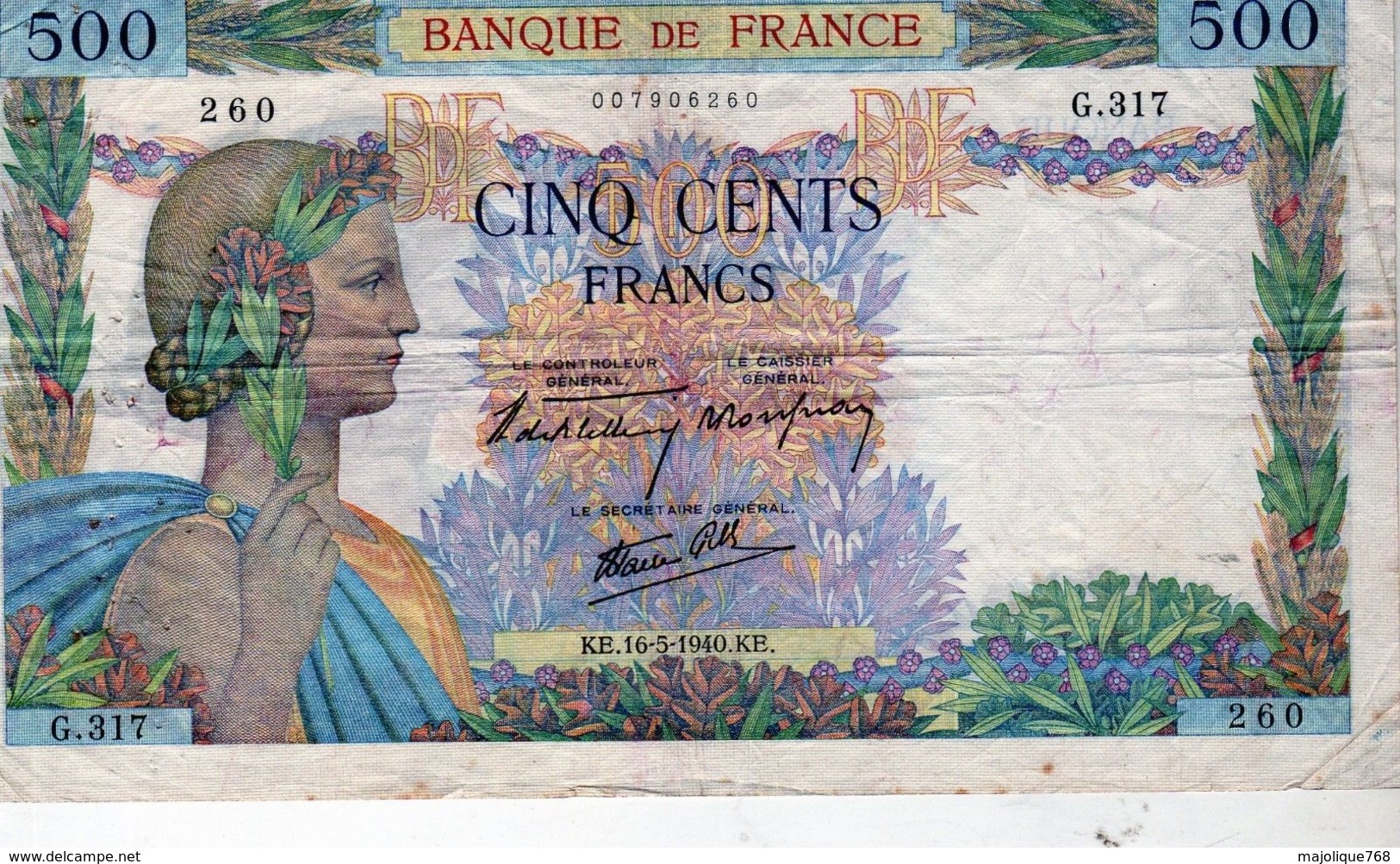 Billet De 500 Francs ( La Paix ) Type 1939 - Le 16-05-1940 En T T B - - 500 F 1940-1944 ''La Paix''