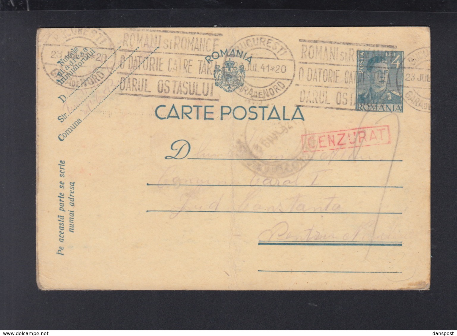 Romania Stationery 1941 Bucuresti To Carol I Constanta Censor - World War 2 Letters