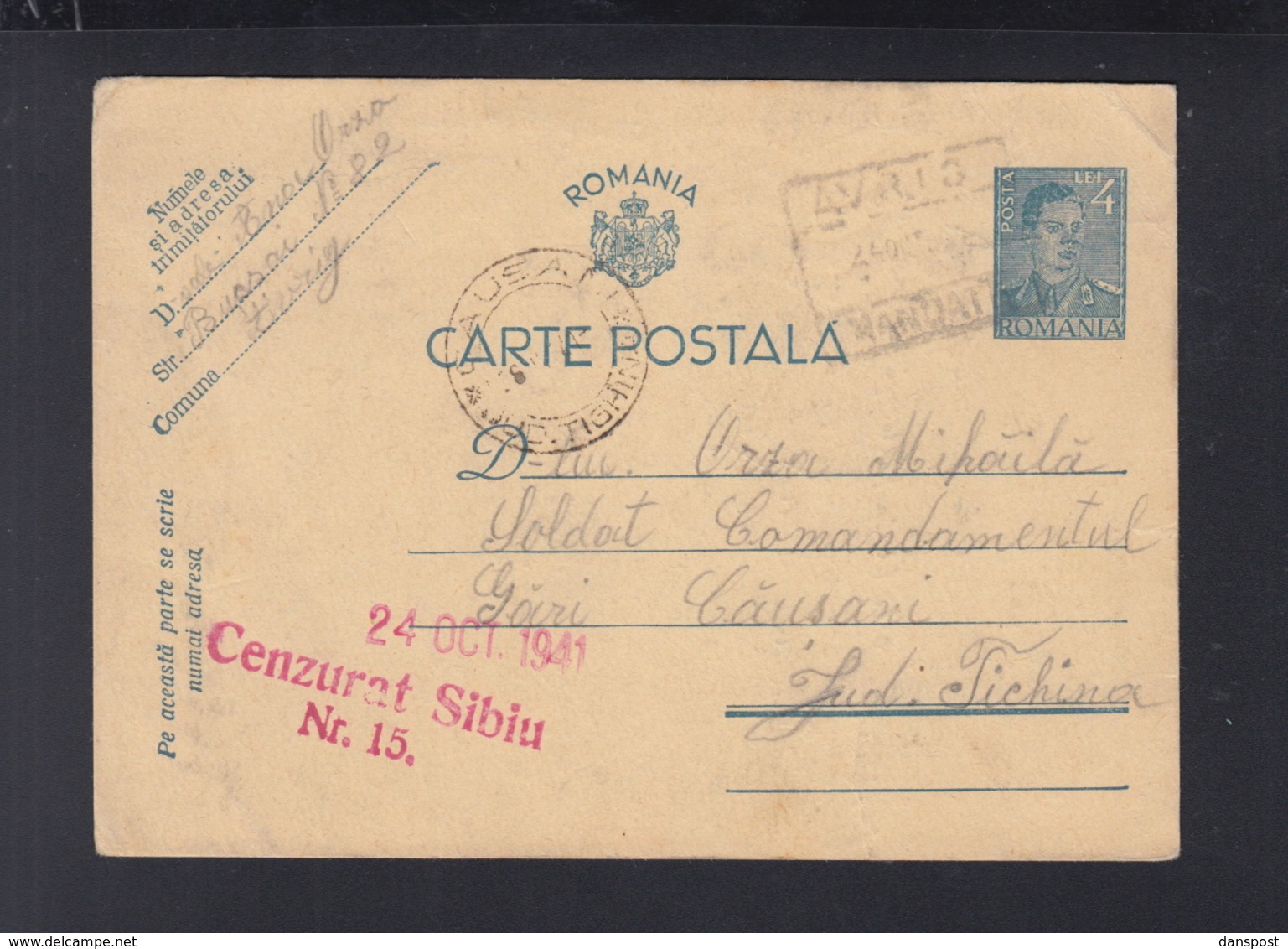 Romania Stationery 1941 Avrig To Causeni Tighina Bessarabia Transnistria Censor Sibiu - World War 2 Letters