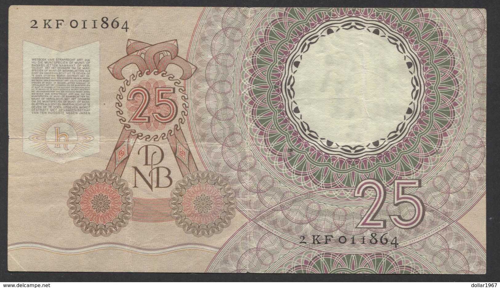 Netherlands  25 Gulden 10-4-1955 - NO: 2 KF 011864  - See The 2 Scans For Condition.(Originalscan ) - 25 Gulden