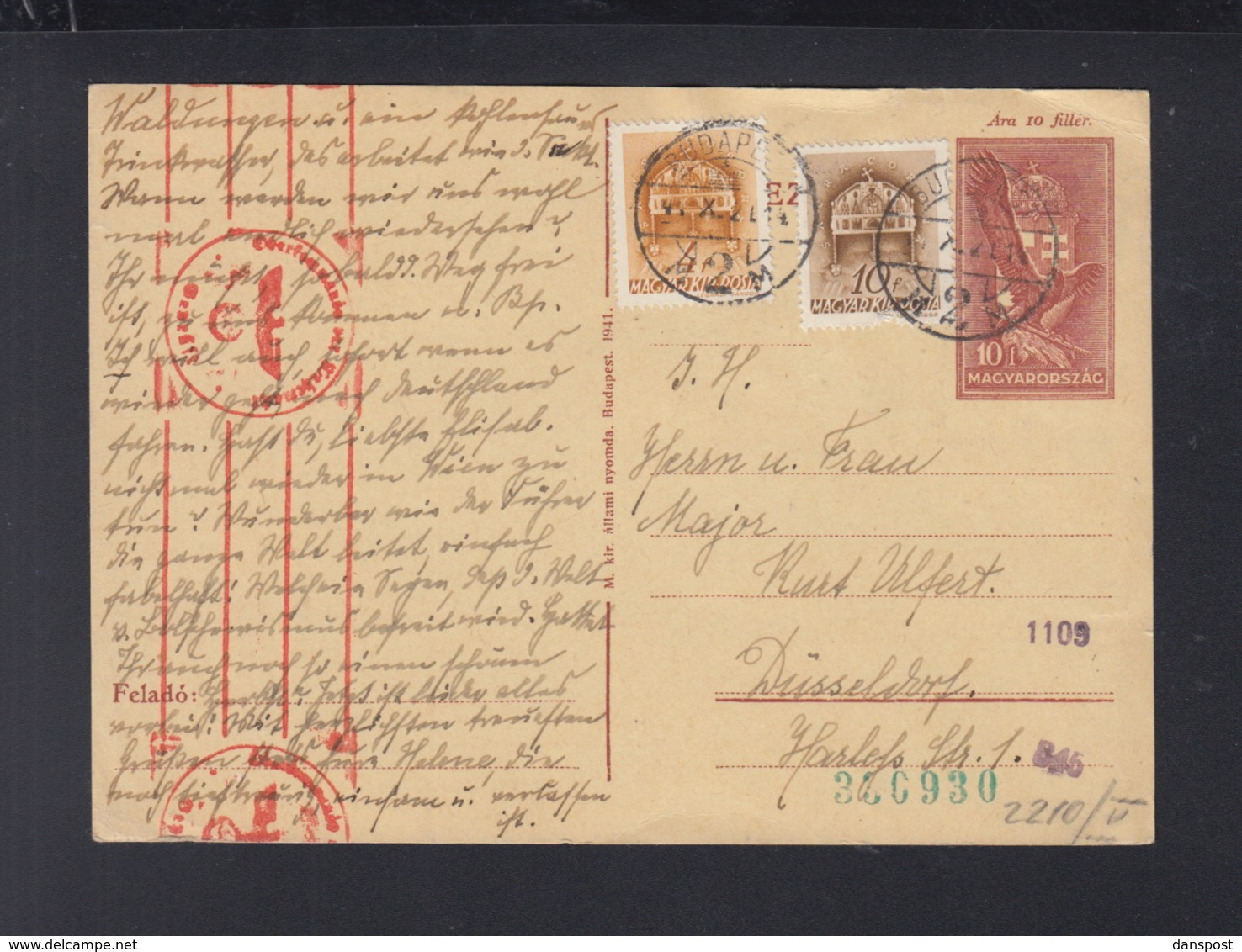 Hungary Stationery Uprated 1941 To Düsseldorf German Censor - Postwaardestukken