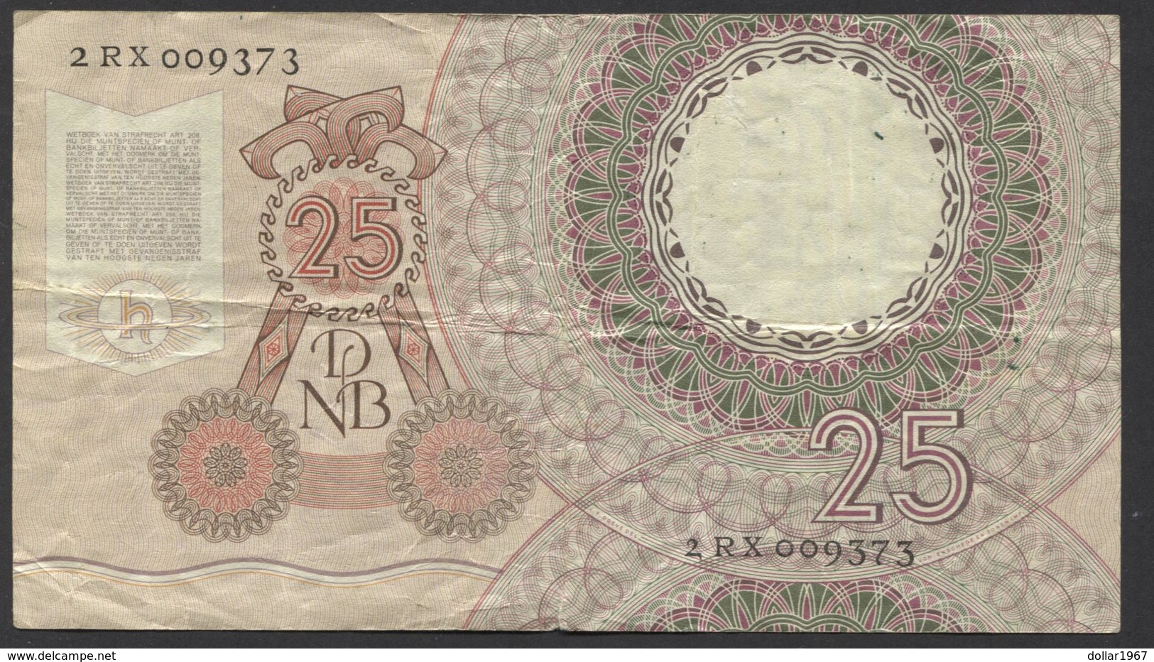 Netherlands  25 Gulden 10-4-1955 - NO: 2 RX 009373  - See The 2 Scans For Condition.(Originalscan ) - 25 Gulden